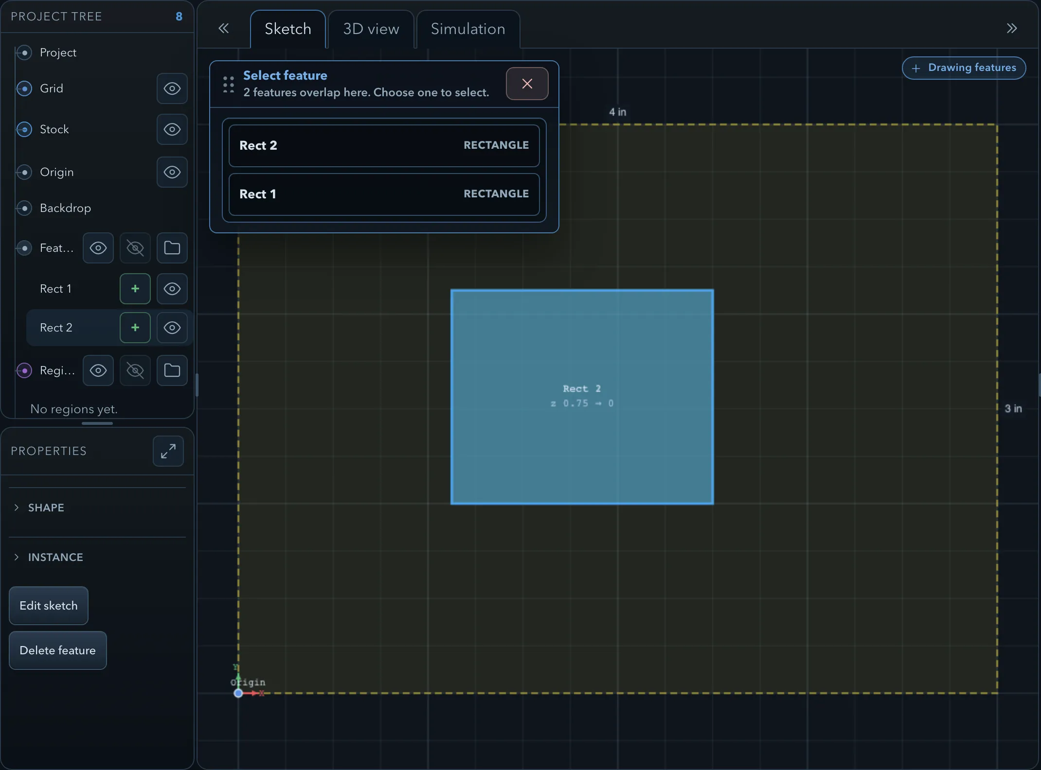Select feature panel reading 2 features overlap here, listing Rect 2 and Rect 1 as rectangles, with both rows visible in the feature tree beside it