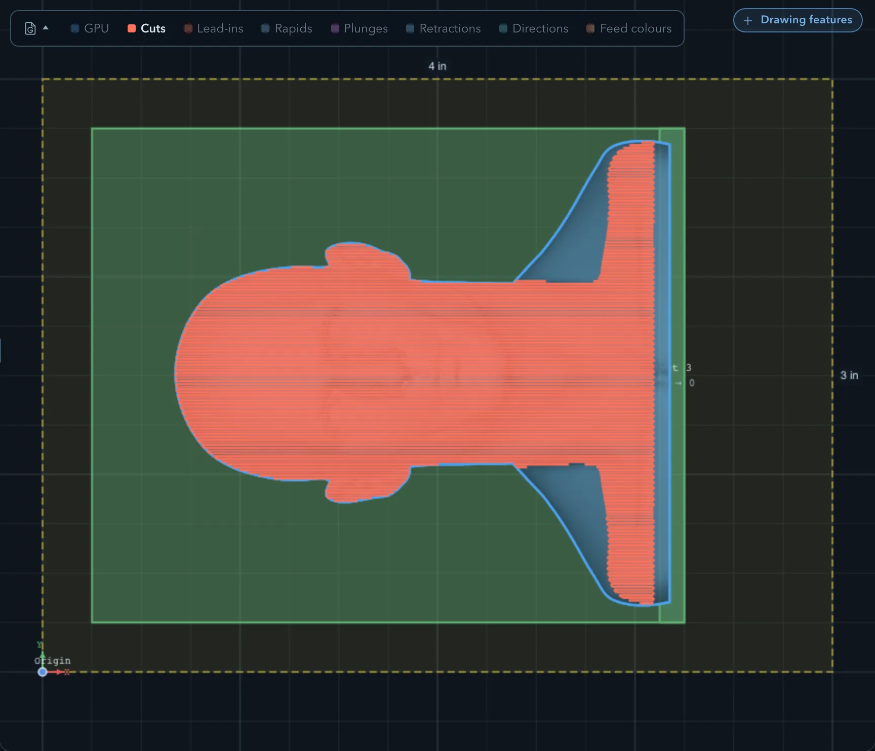Parallel finishing paths sweeping across the Busto model in repeated scan lines