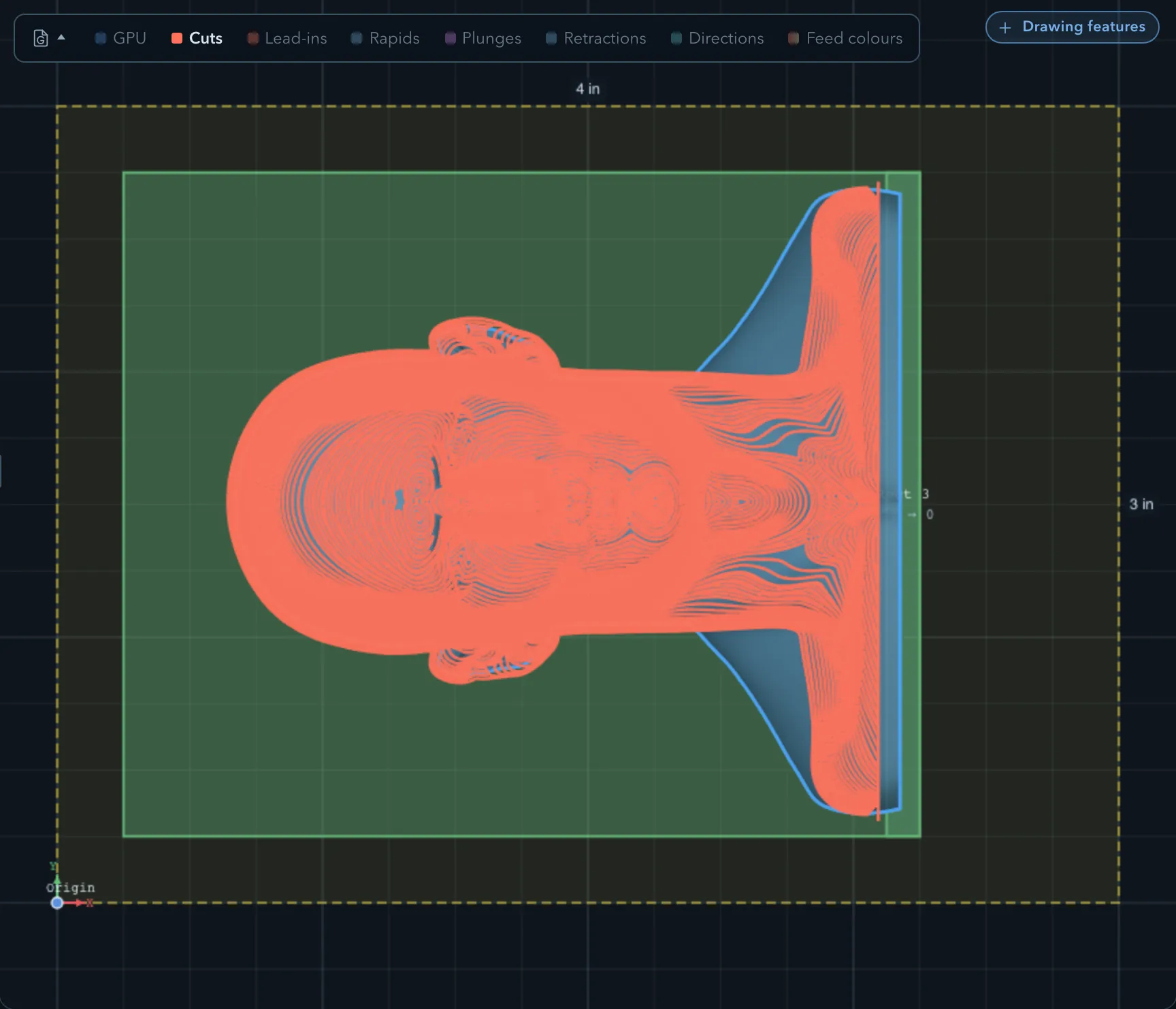 Waterline finishing paths wrapping around the Busto model at successive heights