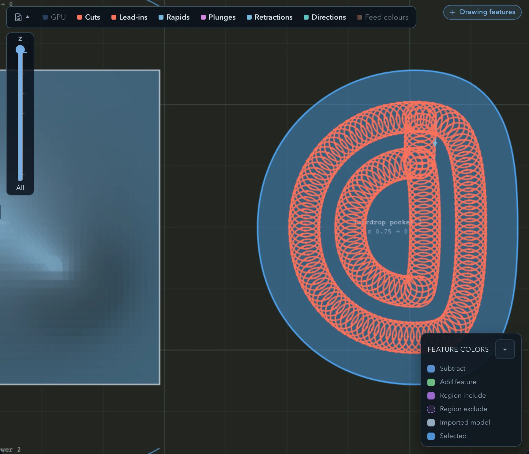 A trochoidal pocket toolpath: overlapping cutting orbits advancing round the pocket, with the orbited links that join one ring of coverage to the next
