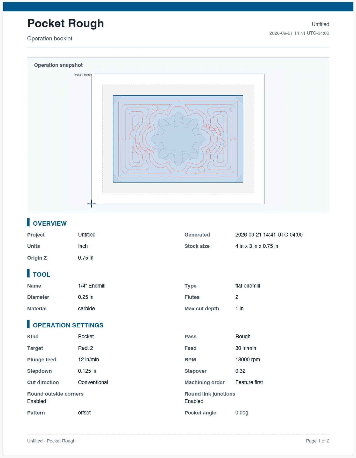 First page of a Pocket Rough operation booklet showing the operation snapshot, overview, tool details, and operation settings