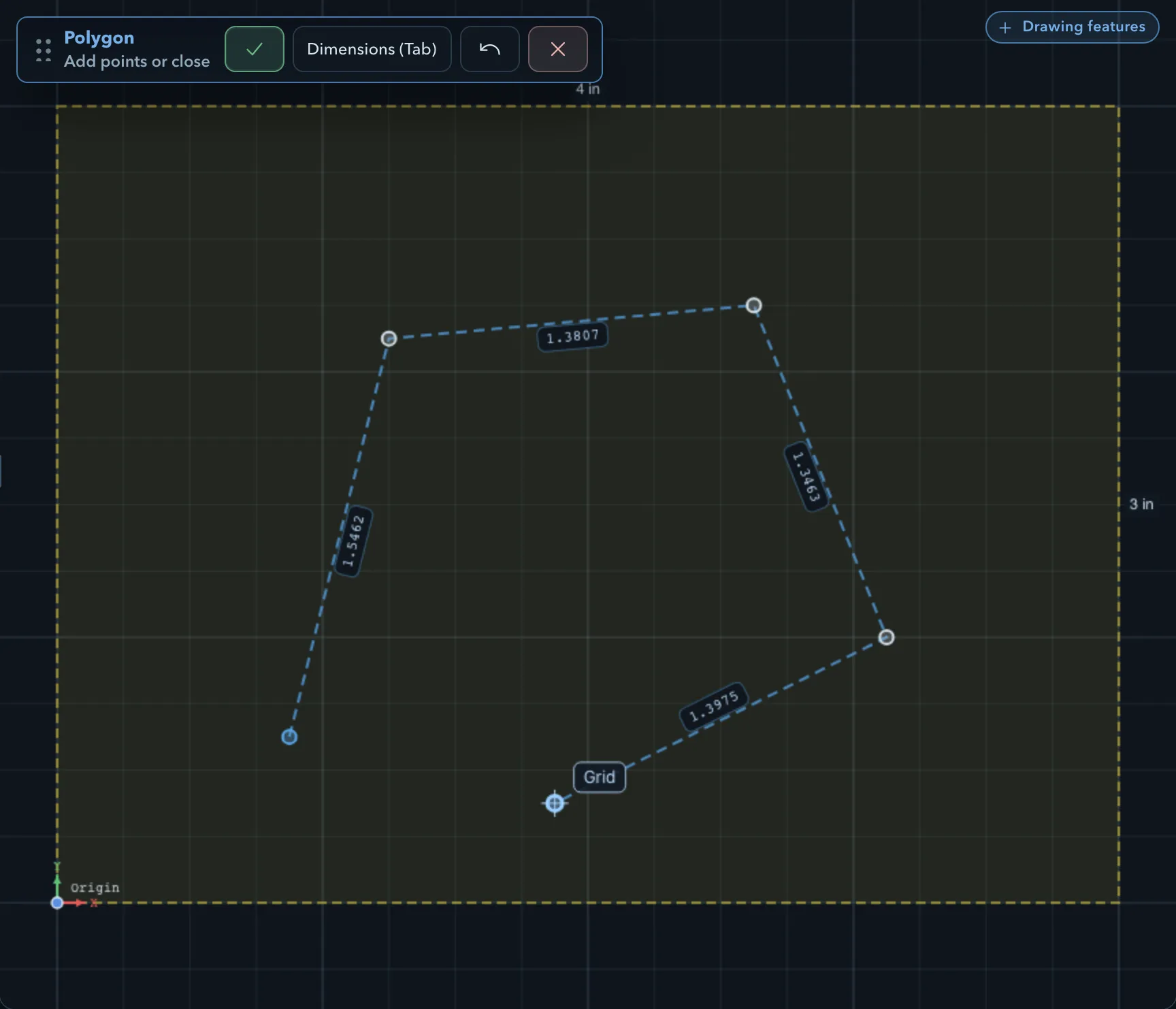 A pending polygon with segment length readouts, and the Polygon workflow panel with Finish, Dimensions, Undo, and Cancel