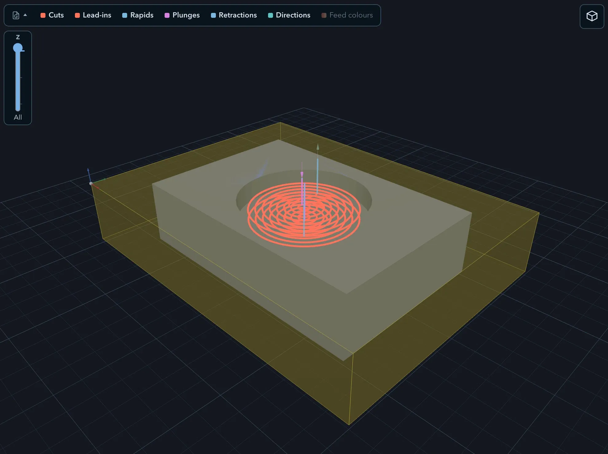 3D view of the 4 by 3 inch stock with the circular pocket toolpath drawn as concentric red rings over the stock surface and the Z slider on the left