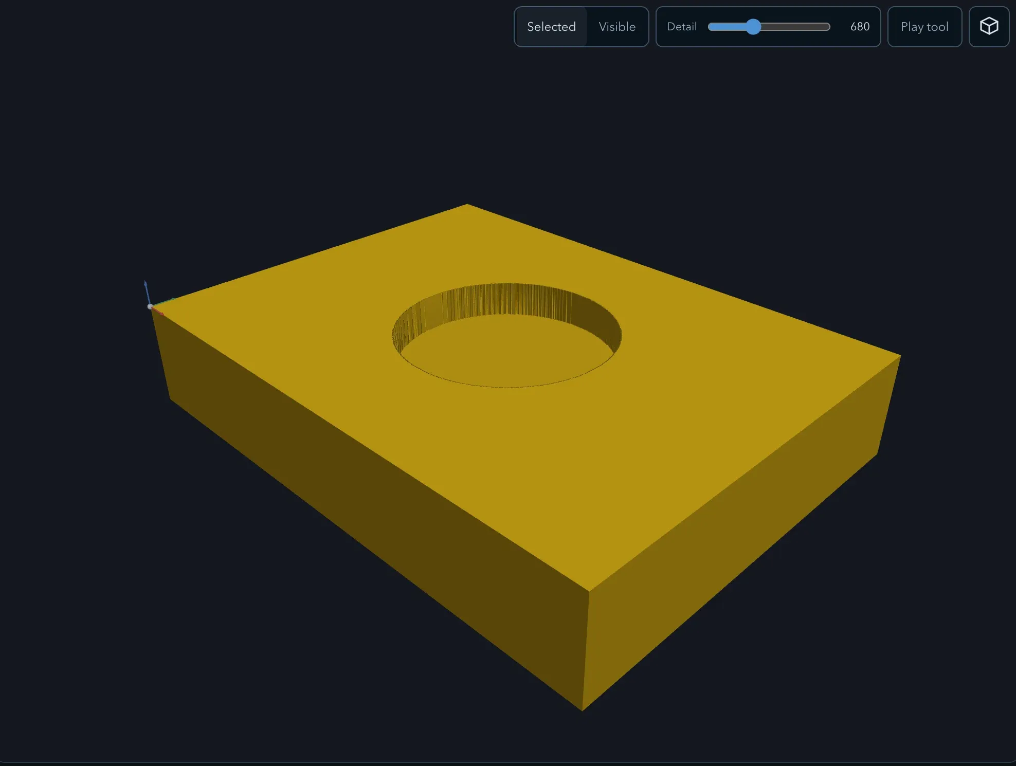 Simulation view of the 4 by 3 inch stock with the circular pocket partially cut, in Selected mode with the Detail slider at 680 and Play tool ready