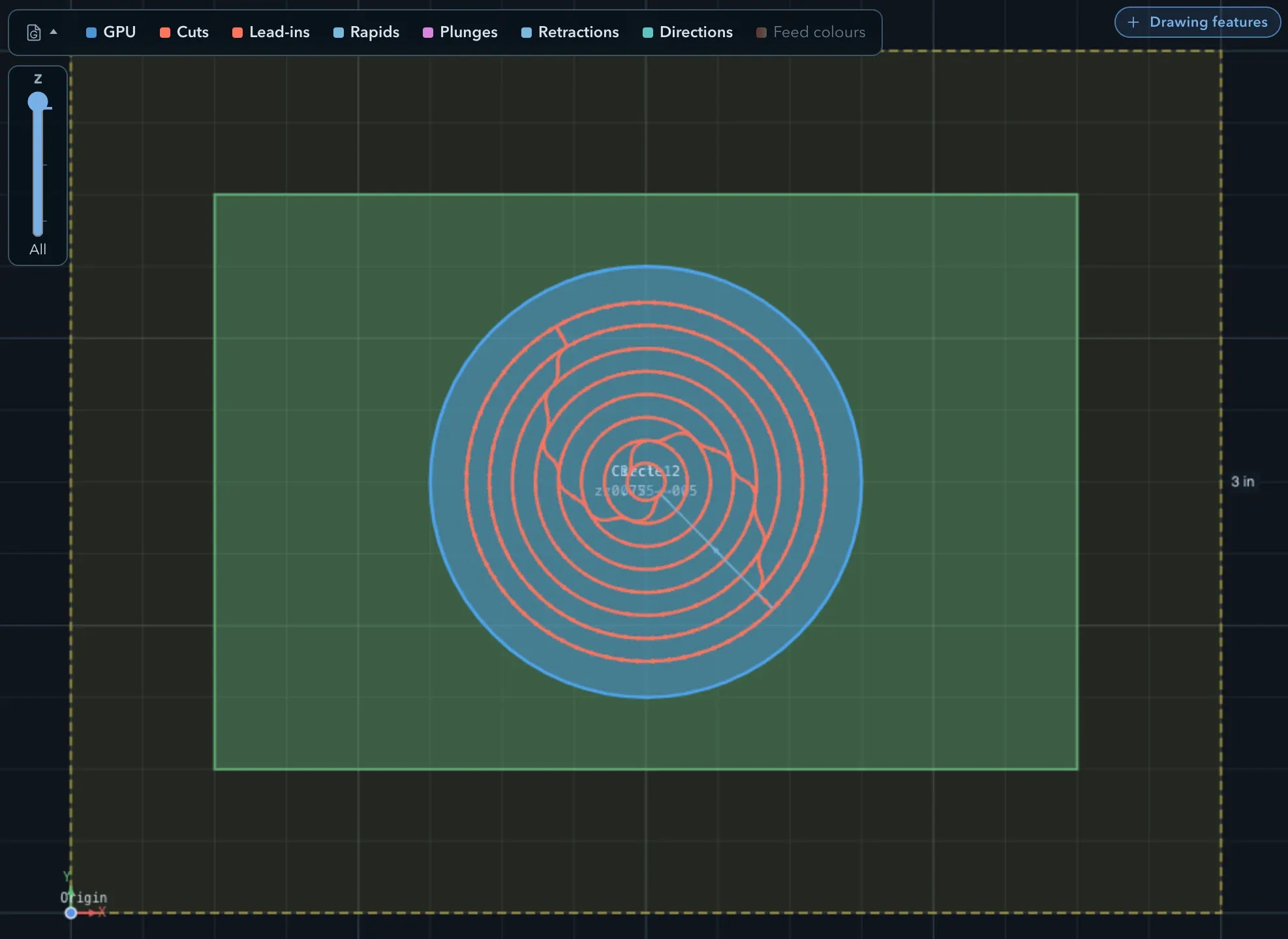 Sketch view with a move-type legend at the top, offset pocket toolpath rings drawn in red inside the circle, and the surrounding rectangle outline