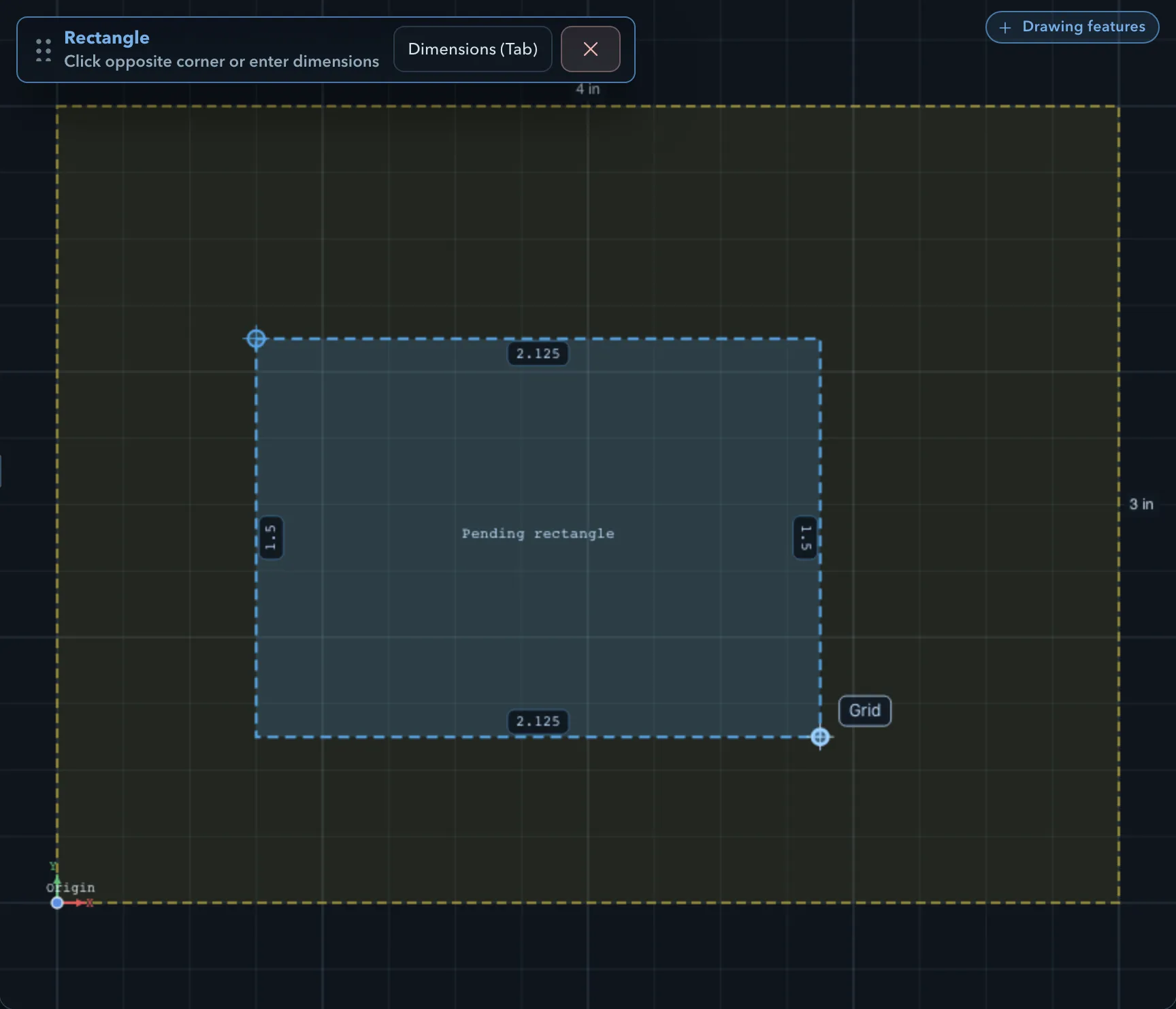 A pending rectangle on the canvas with width and height readouts, and the Rectangle workflow panel asking for the opposite corner or dimensions