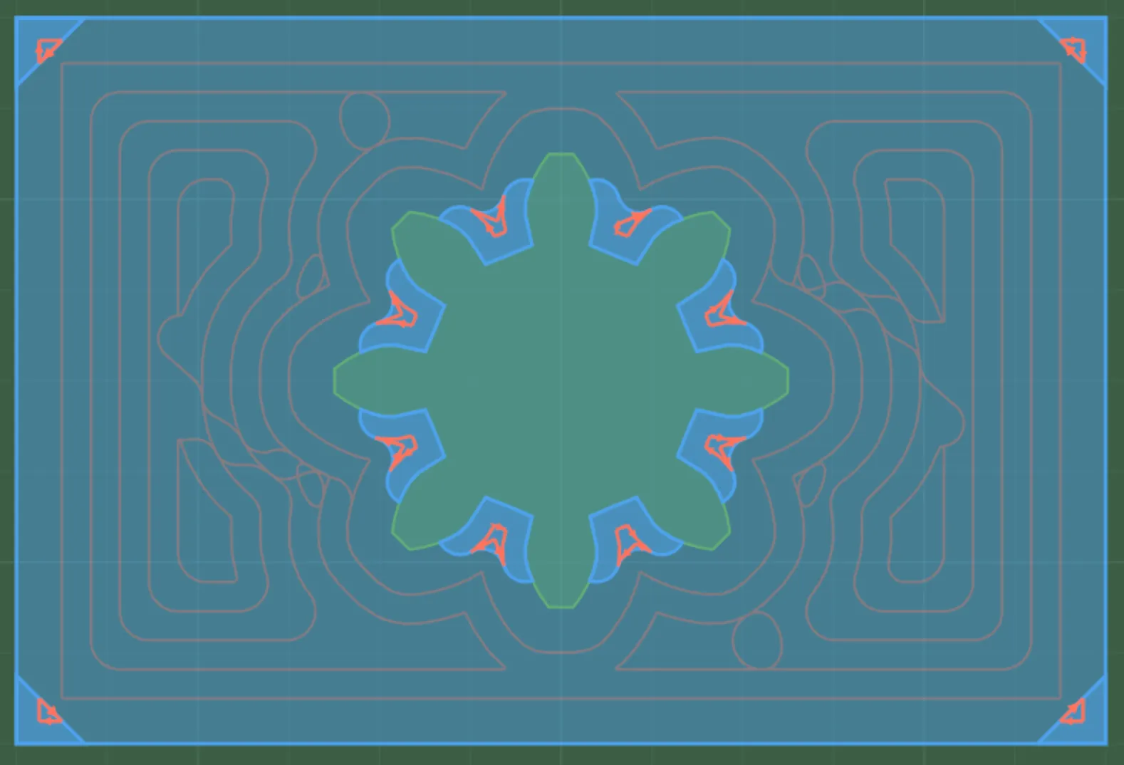 Smaller-tool follow-up passes highlighted only in the Regions the large tool could not reach
