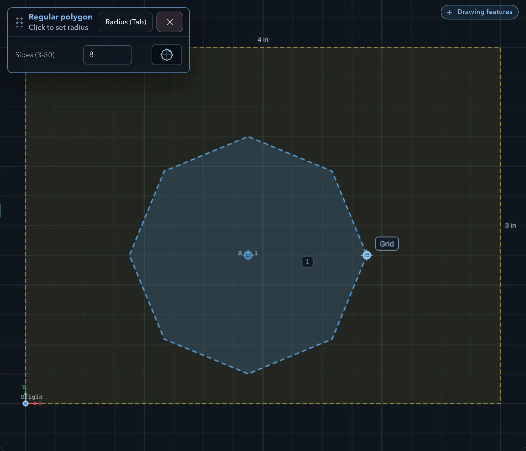 A pending eight-sided polygon drawn from its centre, and the workflow panel with Sides (3-50) set to 8 and the Radius and Cancel buttons