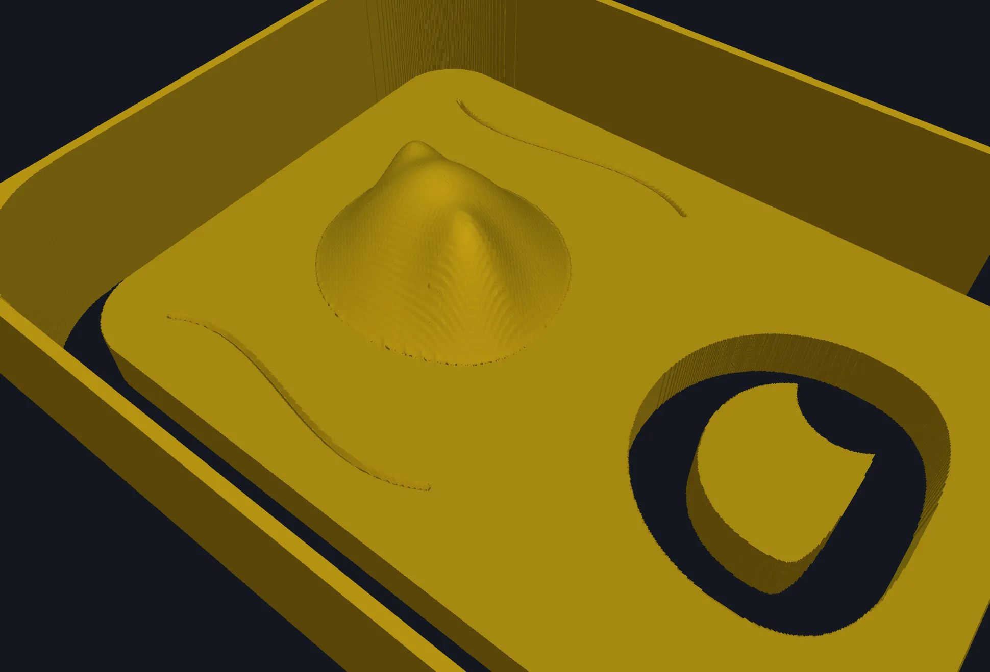 The simulated stock after engraving, showing narrow grooves following the curved paths
