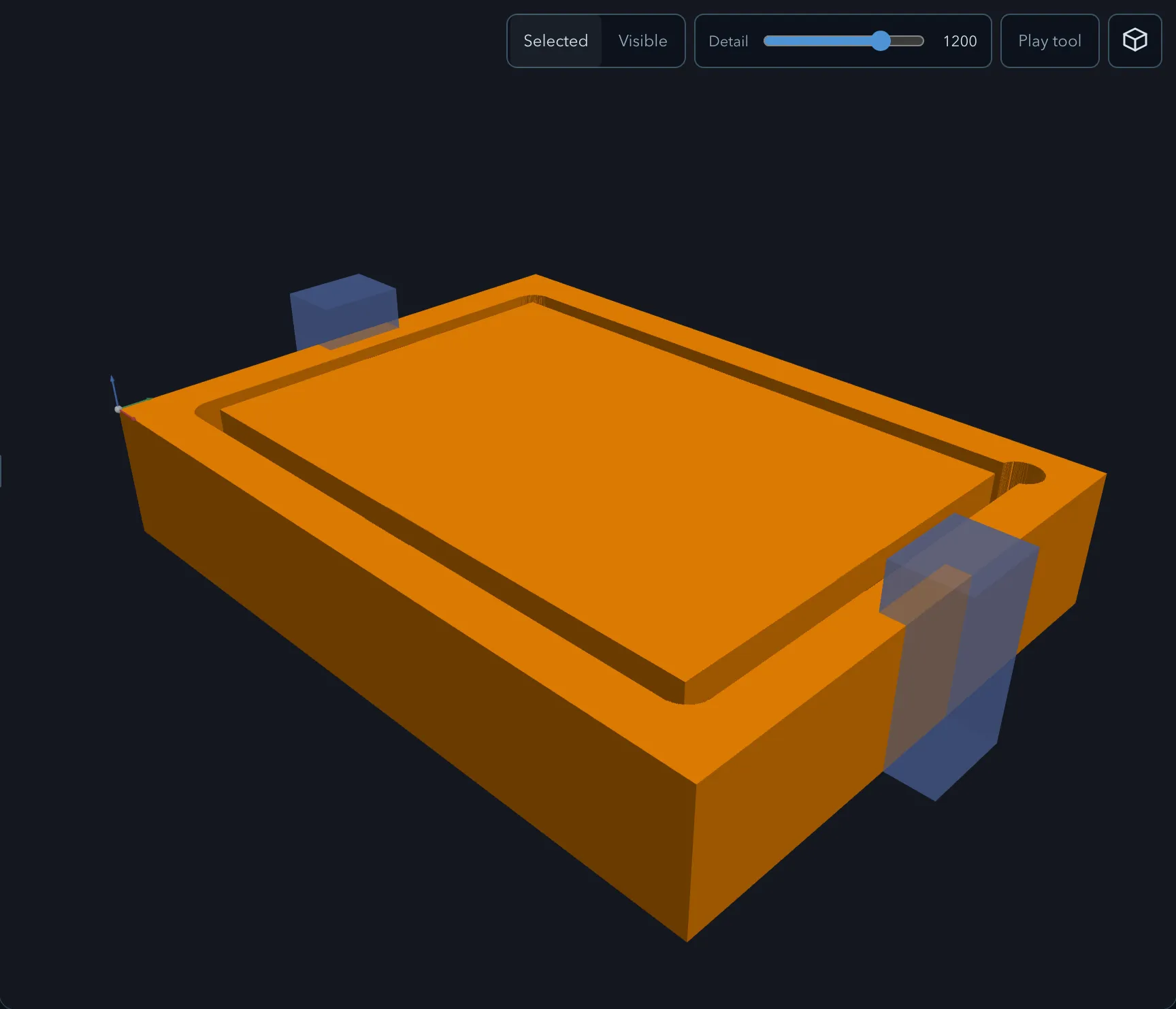 The simulated stock after an outside route, the part standing free in a cleared channel with tabs still joining it to the surrounding material