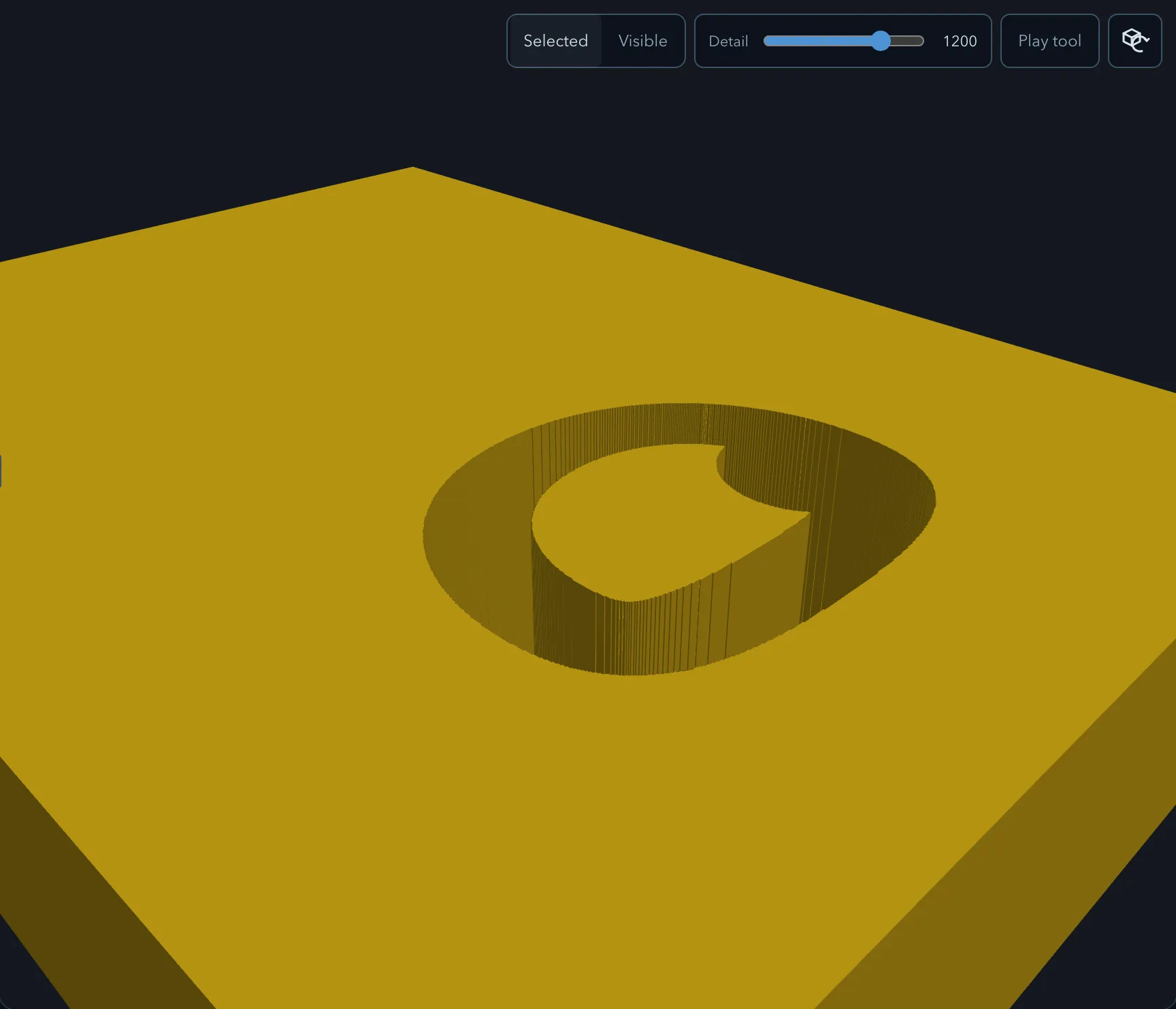 The simulated stock after an inside edge route, the teardrop profile cut open through the plate with clean vertical walls