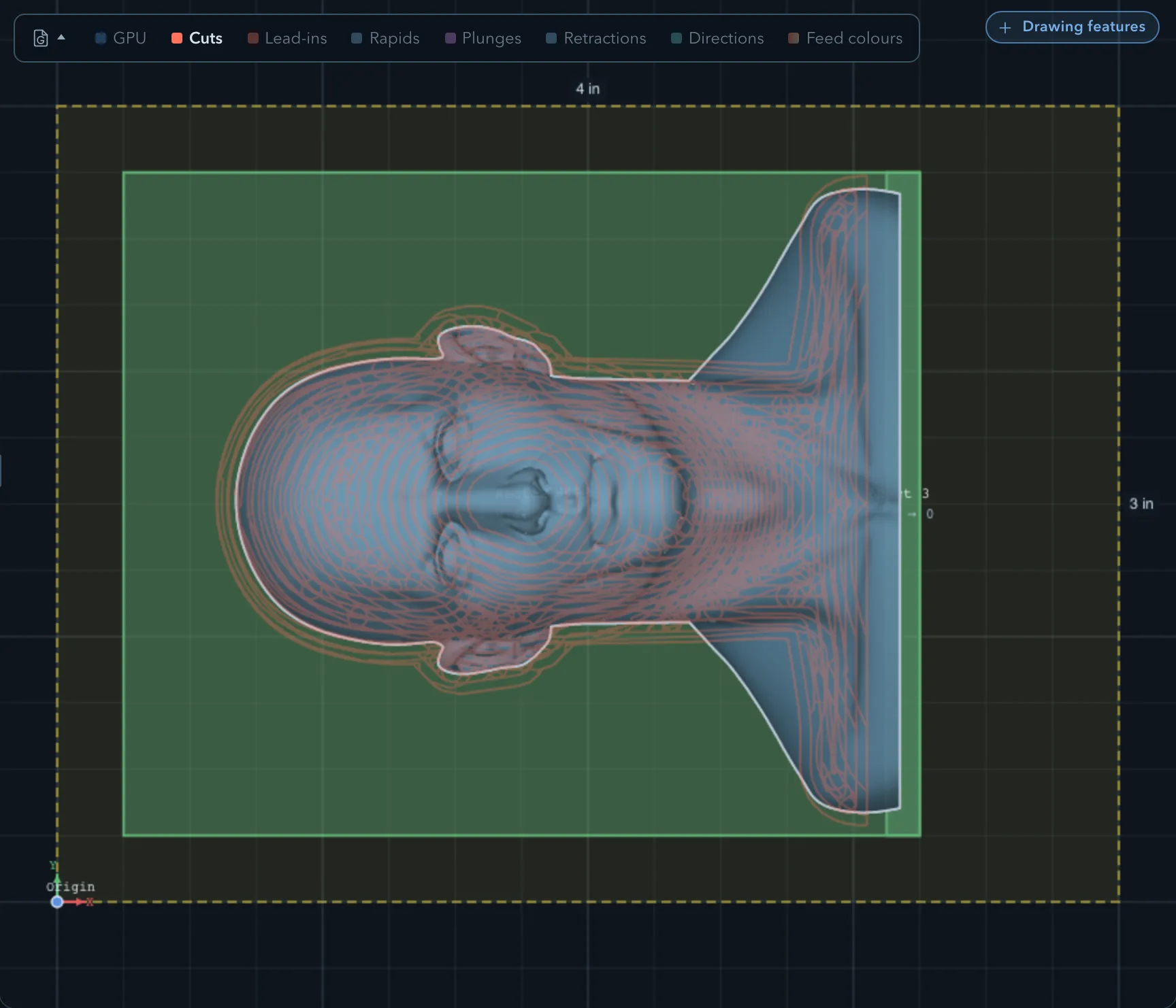 3D surface rough cutting paths around the Busto head, neck, and base