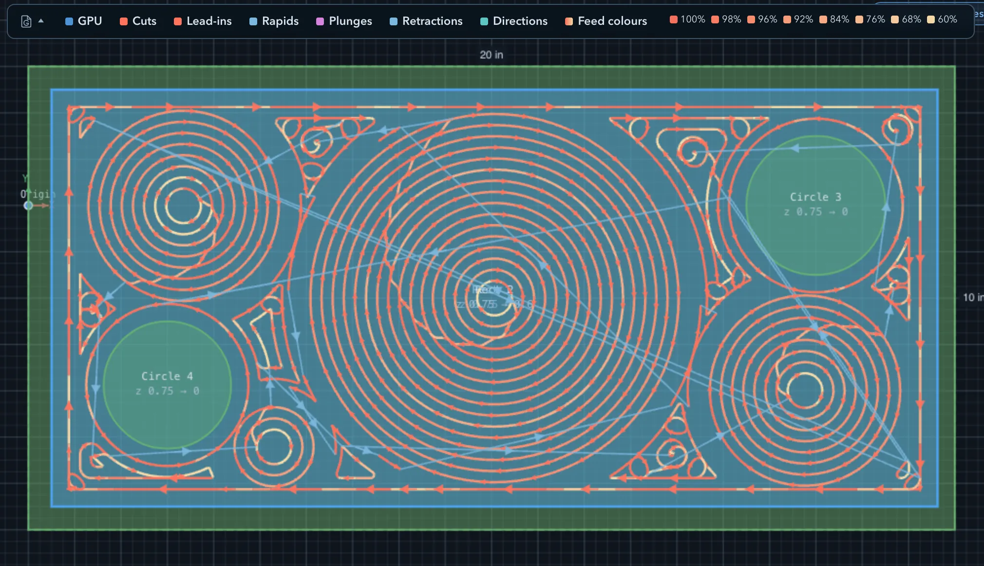 Seeded-circle clearing across a large rectangular pocket: concentric rings grow from several circular seeds around open areas, linked by rapid moves