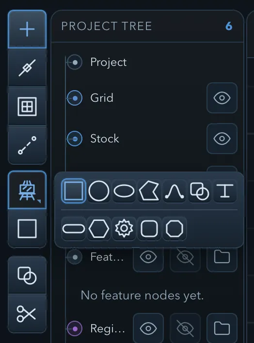Tool rail with the shape drawer open, showing rectangle, circle, ellipse, polygon, spline, composite, and text in the top row, and slot, regular polygon, gear, rounded rectangle, and chamfered rectangle in the second