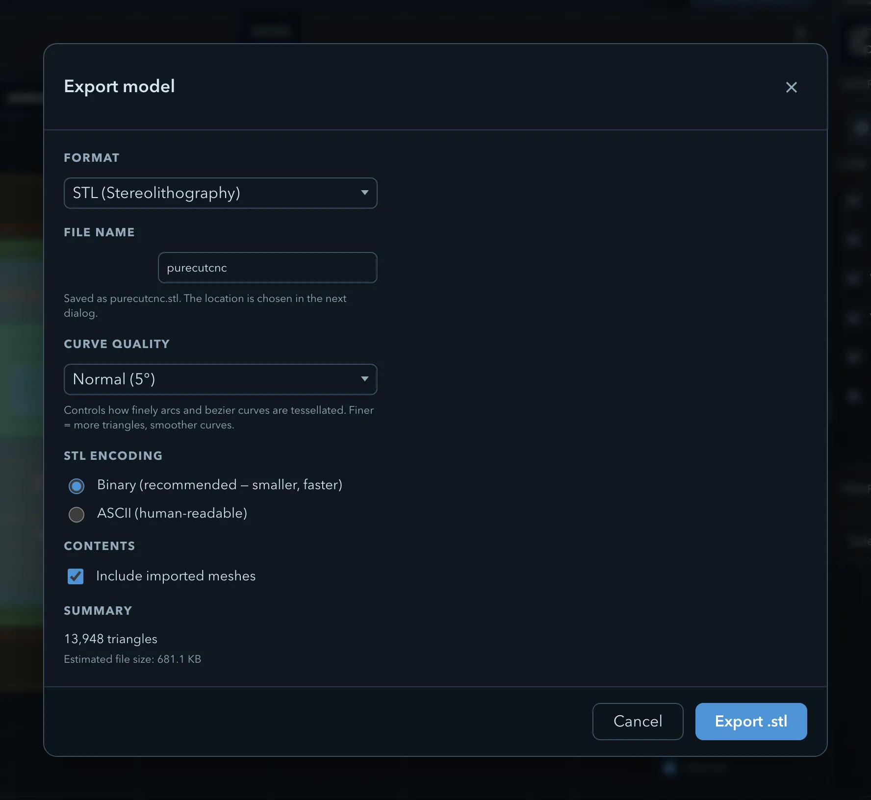 The Export model dialog on STL: the format and file name, Curve quality set to Normal, Binary and ASCII encoding choices, Include imported meshes, and a summary giving the triangle count and estimated file size
