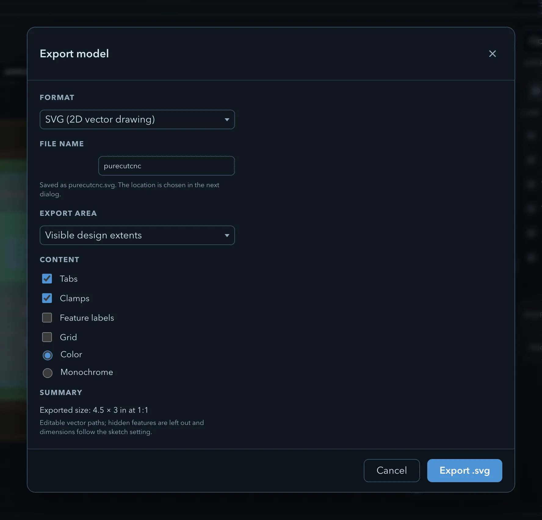 The same dialog on SVG: the export area, the Tabs, Clamps, Feature labels and Grid content toggles, the Color and Monochrome choice, and a summary giving the exported size at 1:1