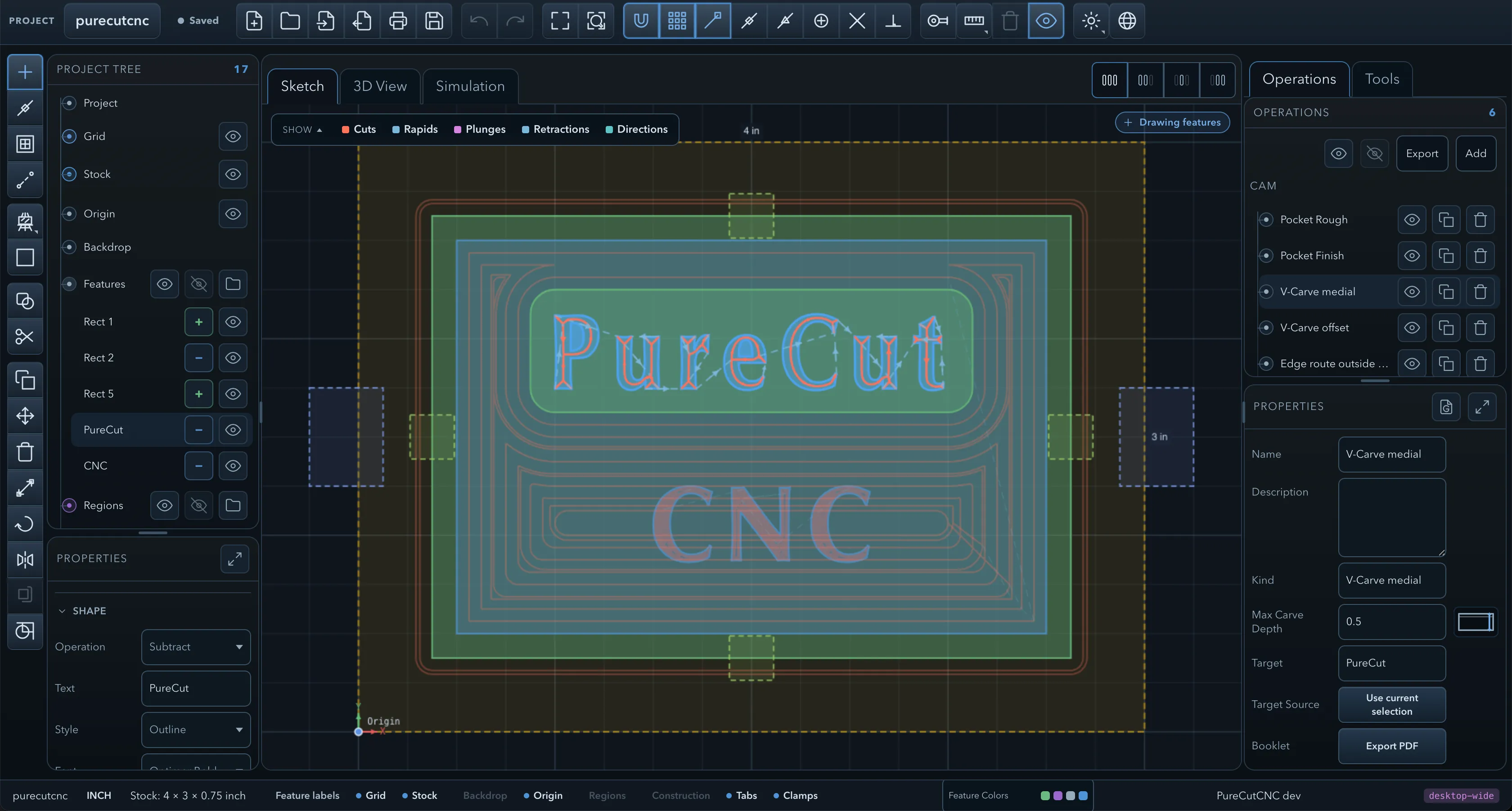 PureCutCNC — full interface showing sketch editor, feature tree, and CAM operations panel