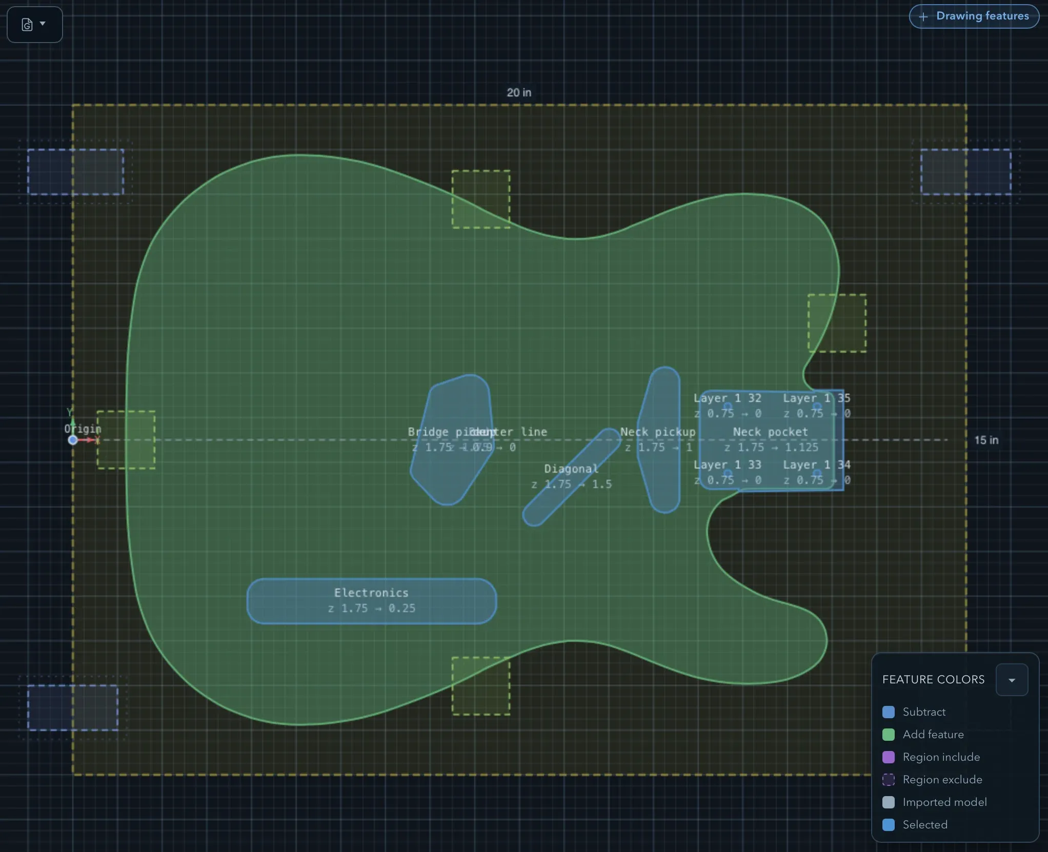 Sketch view showing the stock boundary, origin marker, grid, a green Add feature and several labelled blue Subtract features, four corner clamps and tabs, and the on-canvas Feature colors legend