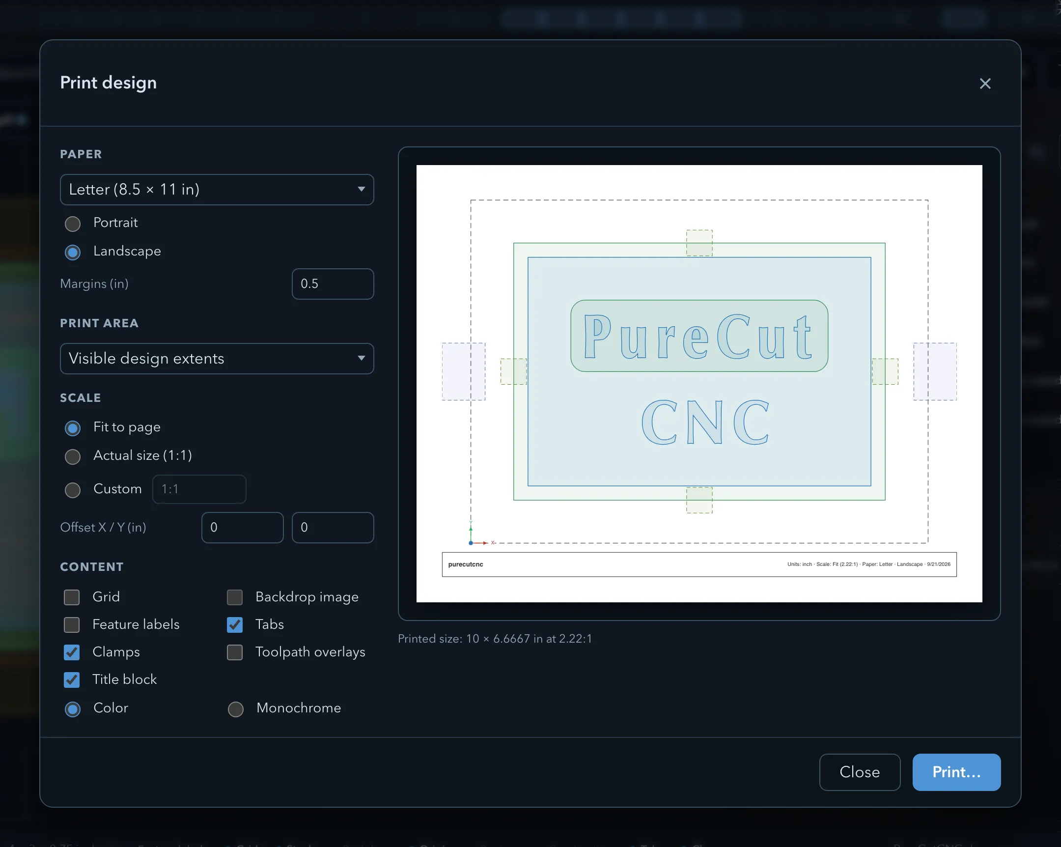The Print design dialog: paper size and orientation, margins, print area, the scale choices with X and Y offsets, the content toggles, and a preview of the sheet with its title block