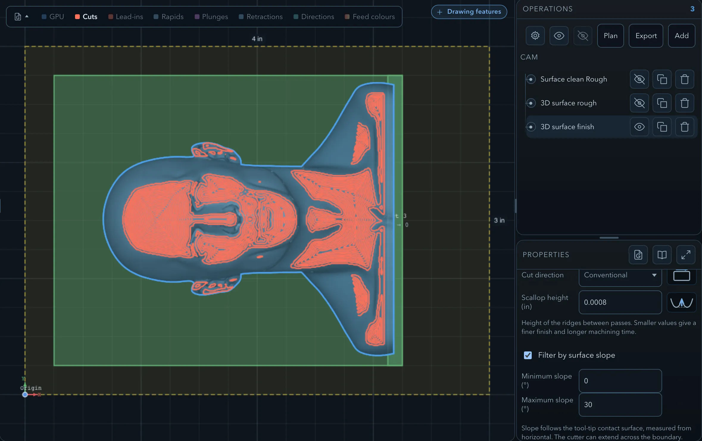 3D finish paths restricted to a slope band on the Busto model, with the slope controls and ridge-height reference icon visible