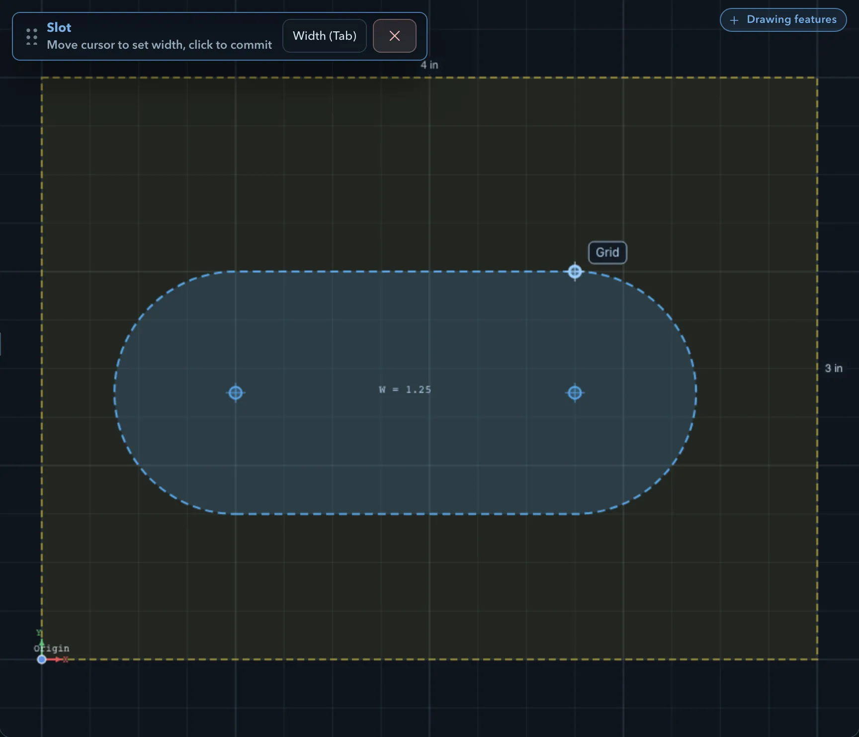 A pending slot with its width readout, and the Slot workflow panel asking to set the width, with Width and Cancel buttons