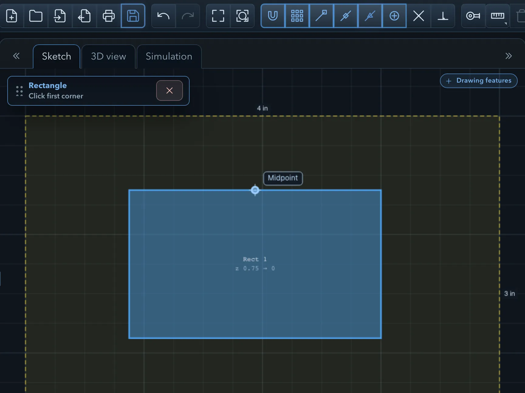Toolbar snap buttons with snapping, grid, point, line, midpoint, and center on and intersection and perpendicular off, and a Midpoint label at the pointer on a rectangle's top edge