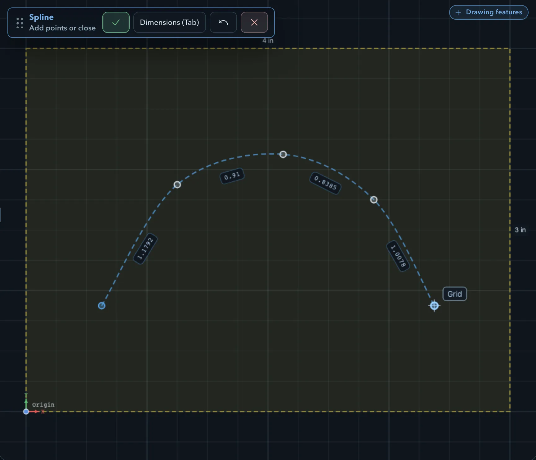 An unfinished spline curving through four points, and the Spline workflow panel with Finish, Dimensions, Undo, and Cancel
