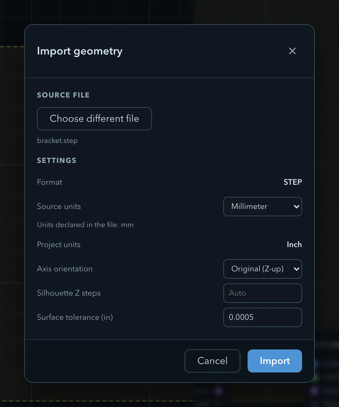 The STEP import settings: Format STEP, Source units Millimeter with the note Units declared in the file mm, Project units Inch, Axis orientation Original Z-up, and a Surface tolerance of 0.0005 inch