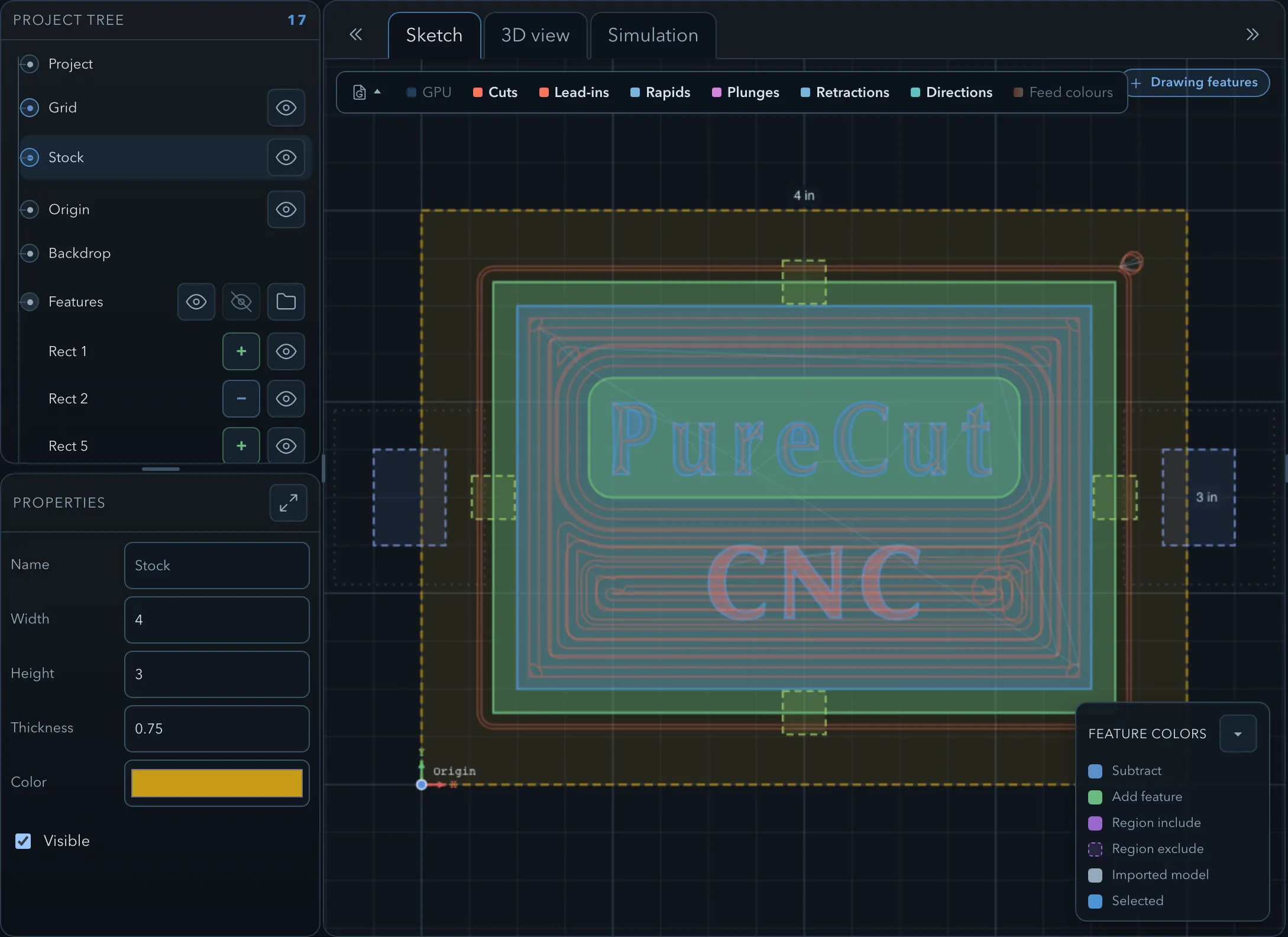 Stock selected in the project tree, with Name, Width, Height, Thickness, Color, and Visible in the properties panel, next to the canvas showing the stock outline labelled 4 in and 3 in
