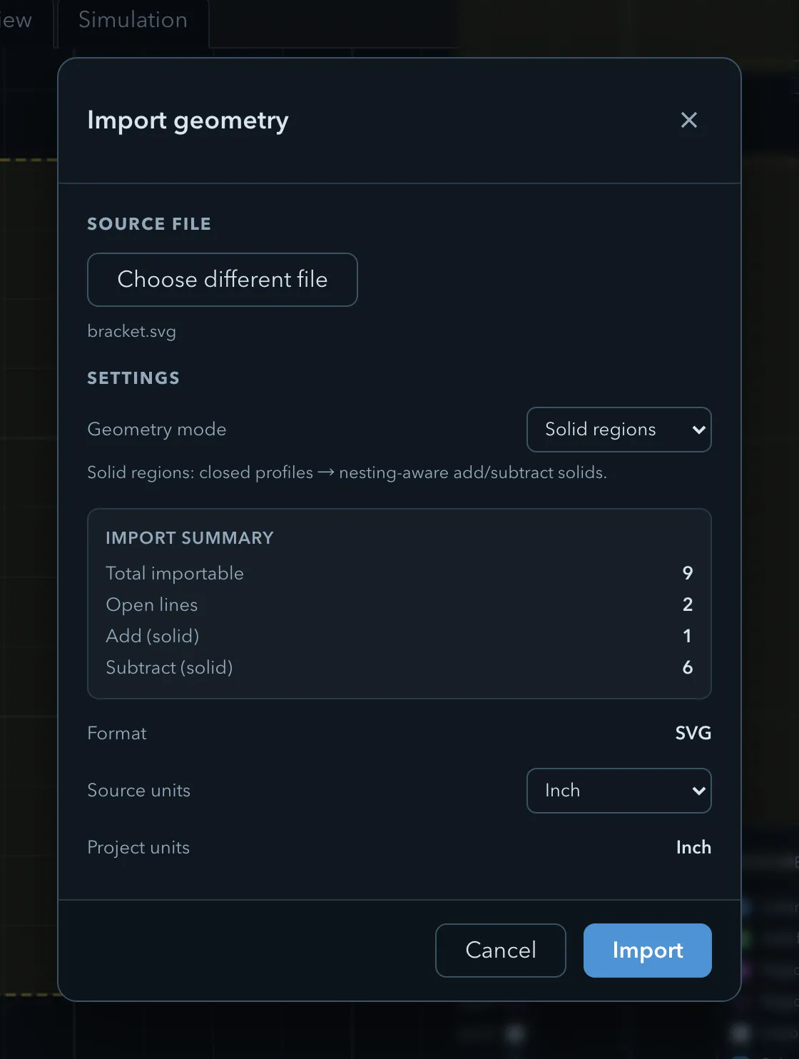 The same SVG with Geometry mode set to Solid regions: the closed line of the Auto summary is gone and the subtract count has risen from five to six