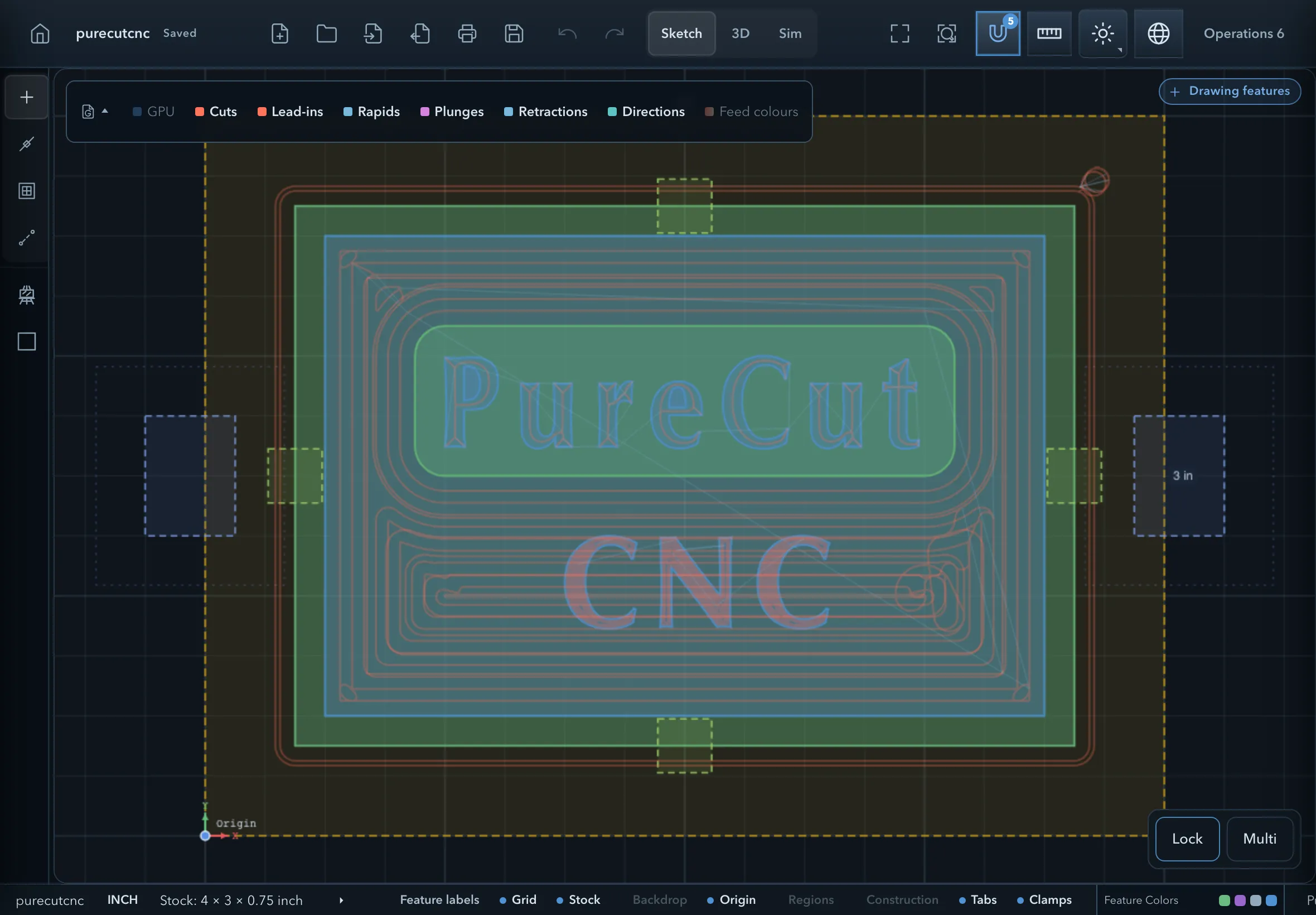 PureCutCNC in its tablet layout, with a command bar holding Open project panel, the Sketch, 3D, and Sim tabs, snapping and measuring buttons and Open operations panel, a tool rail down the left edge, and Lock and Multi buttons over the canvas