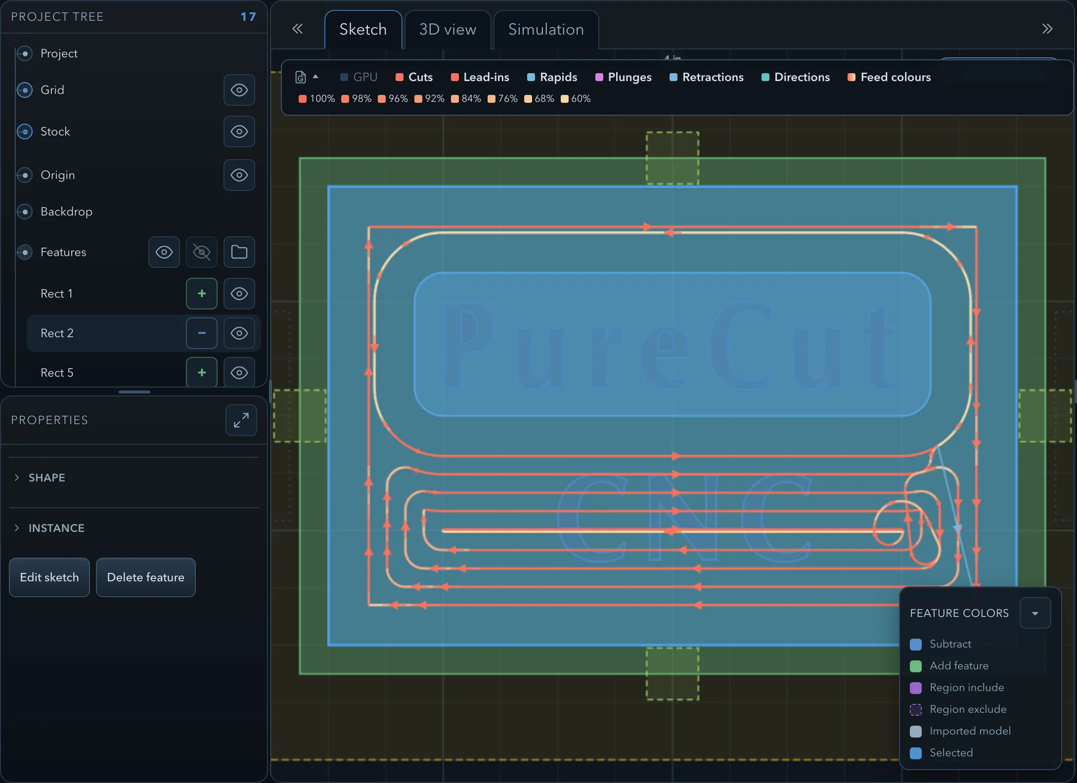 A pocket operation selected, with its target features outlined in red on the canvas and the matching row highlighted in the feature tree
