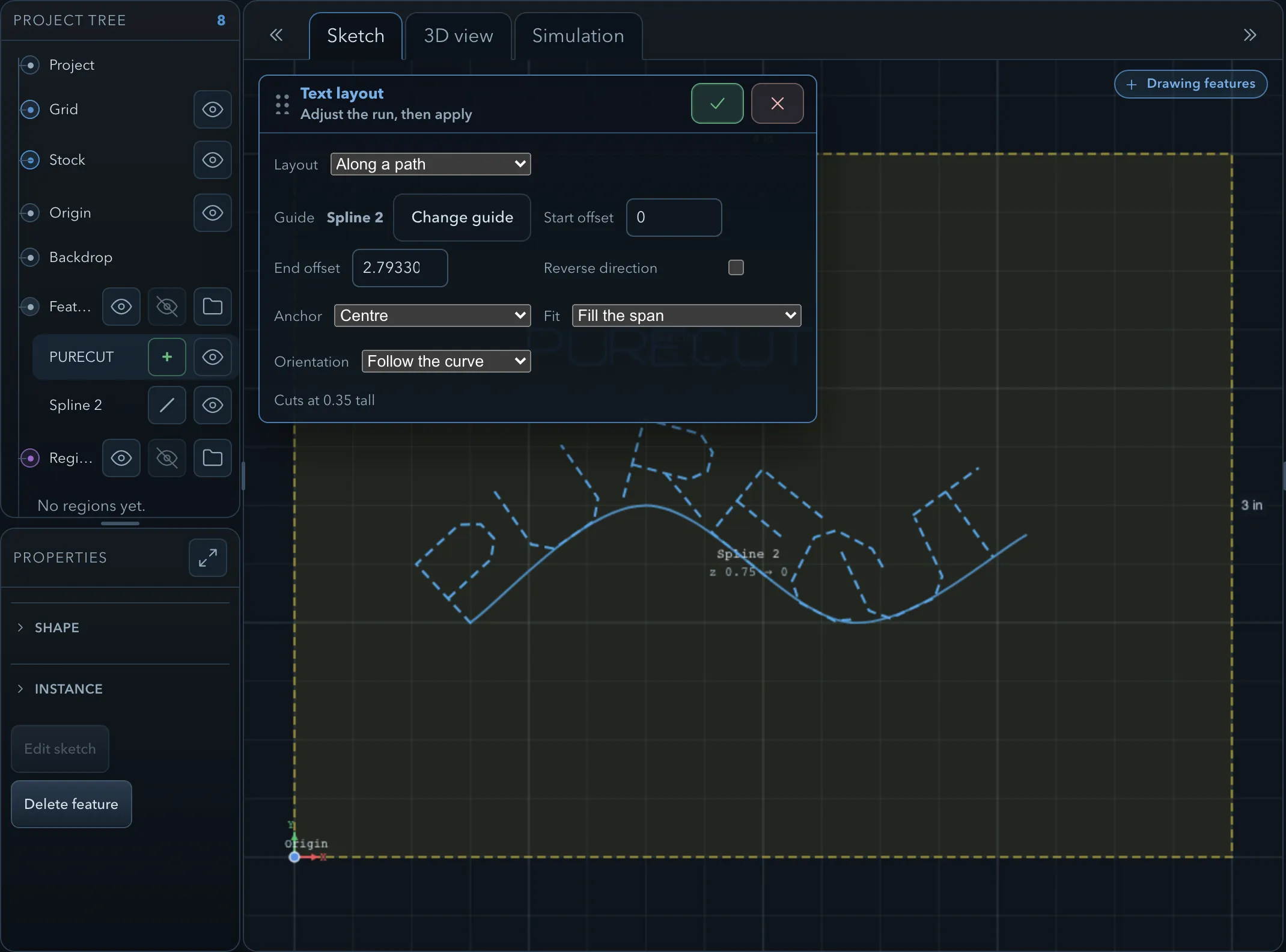 Text following a curved spline guide, with the Text layout panel showing Along a path, the Spline 2 guide, start and end offsets, Anchor Centre, Fit set to fill the span, and Orientation following the curve