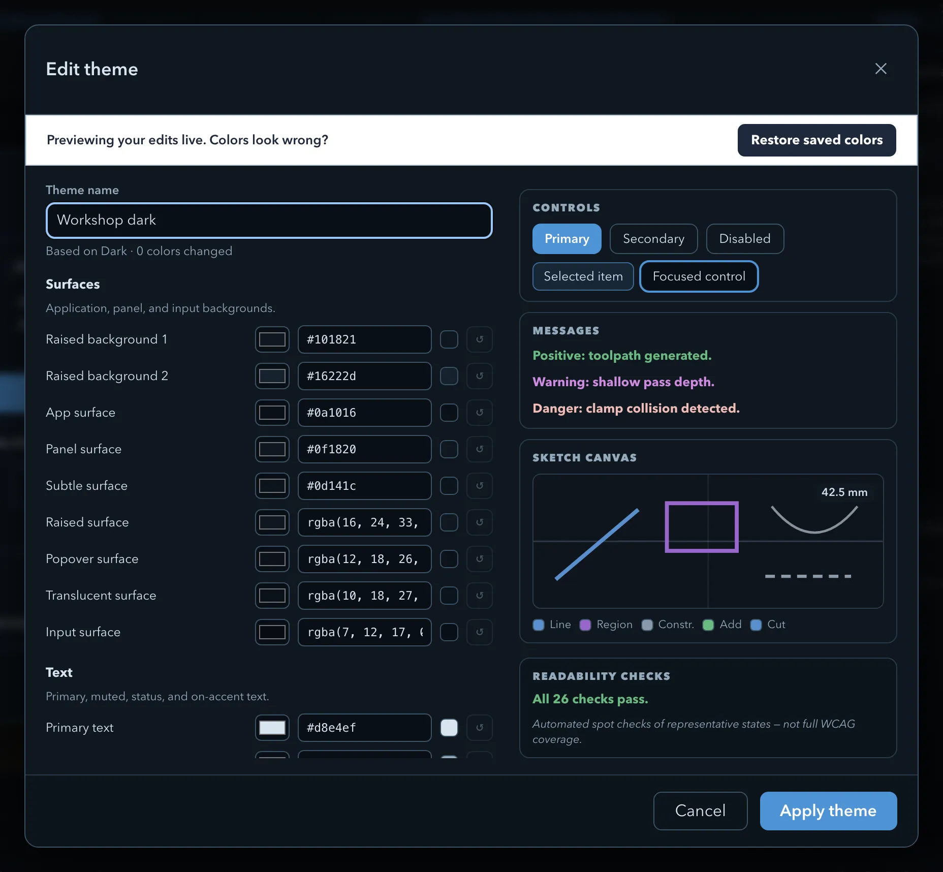 Edit theme dialog for a copy of Dark: the Theme name field and the Surfaces and Text colour rows on the left, and the Controls, Messages, and Sketch canvas previews with the readability panel below them on the right