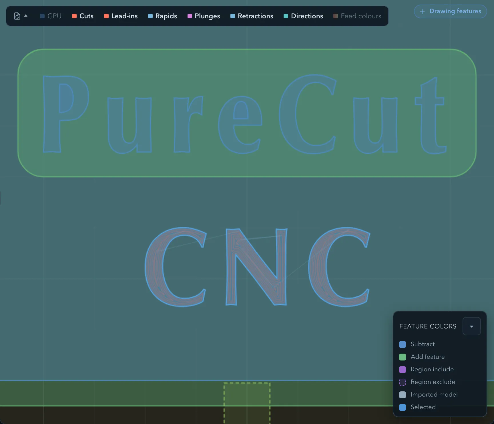 A V-carve offset toolpath, concentric passes working inwards from each letter outline