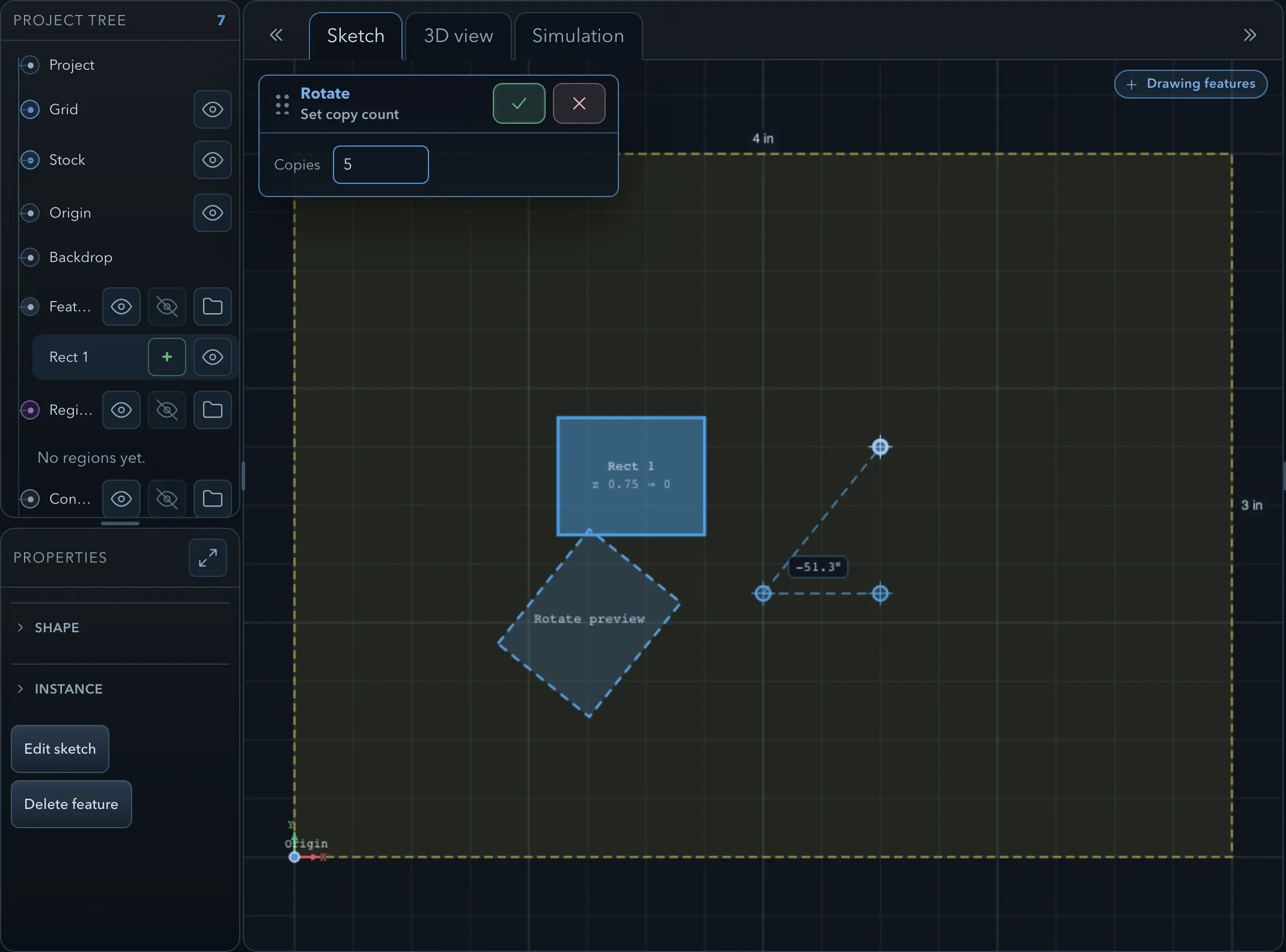 Rotate workflow at Set copy count with Copies set to 5, the selected rectangle, and the rotated preview at -51.3 degrees on the canvas