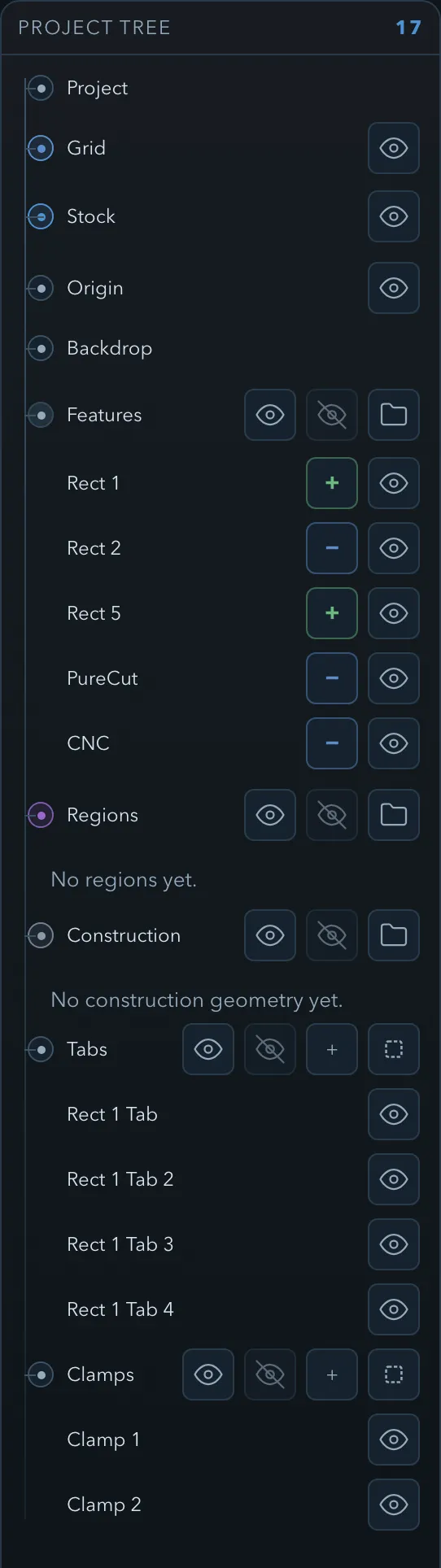 Expanded PureCutCNC project tree showing the Project, Grid, Stock, Origin, Backdrop, Features, Regions, Construction, Tabs, and Clamps rows, with five features, four tabs, and two clamps