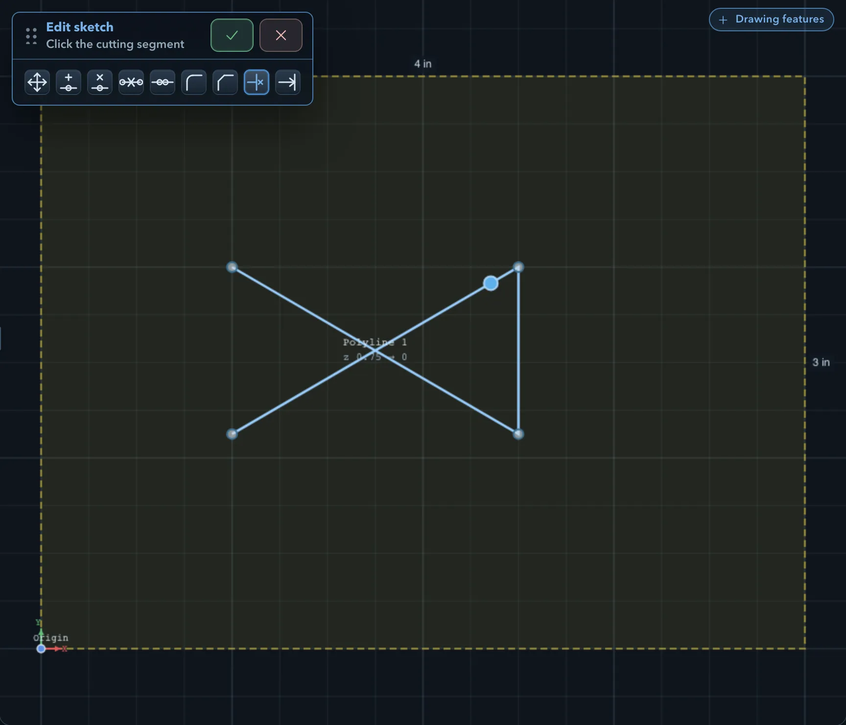 Sketch edit session on an open self-crossing path with Trim to cutting edge active and the step reading Click the cutting segment