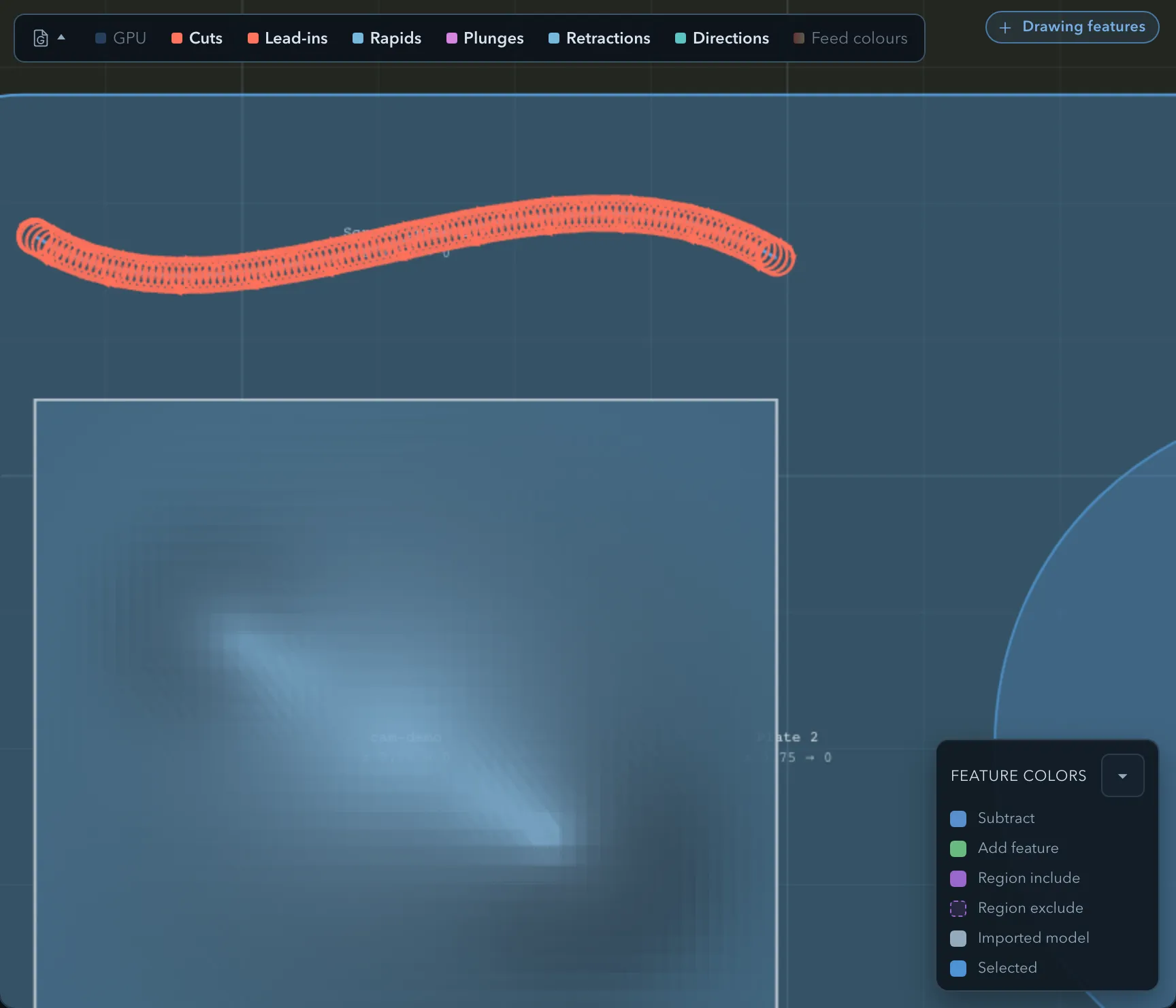 The same curve engraved with the Trochoidal strategy, the cutter orbiting in a dense chain of loops along the line instead of following it once