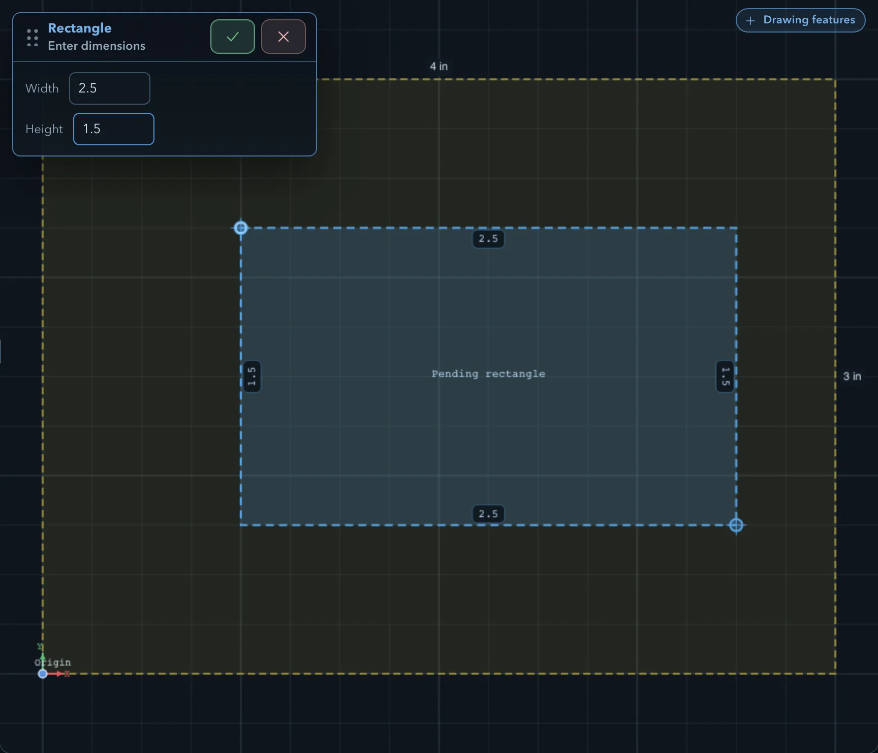 Rectangle workflow panel in its Enter dimensions form with Width 2.5 and Height 1.5, and the pending rectangle on the canvas reading 2.5 by 1.5 to match