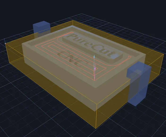 PureCutCNC — 3D view with toolpath visualization over stock