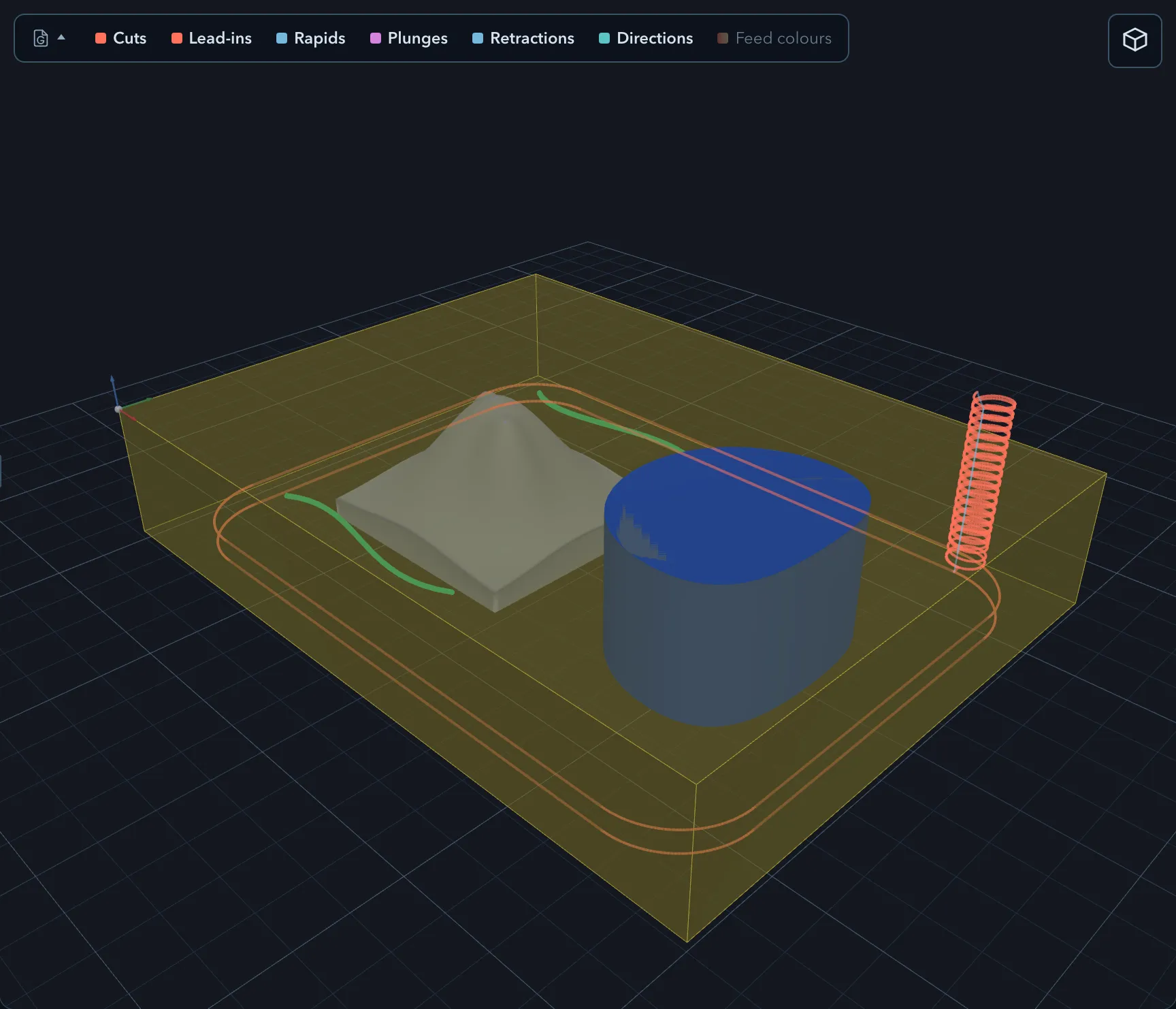 The 3D view with the stock as a solid block, the carved relief and the teardrop pocket cut into it, and one edge-route toolpath running round the outside with its helical entry visible