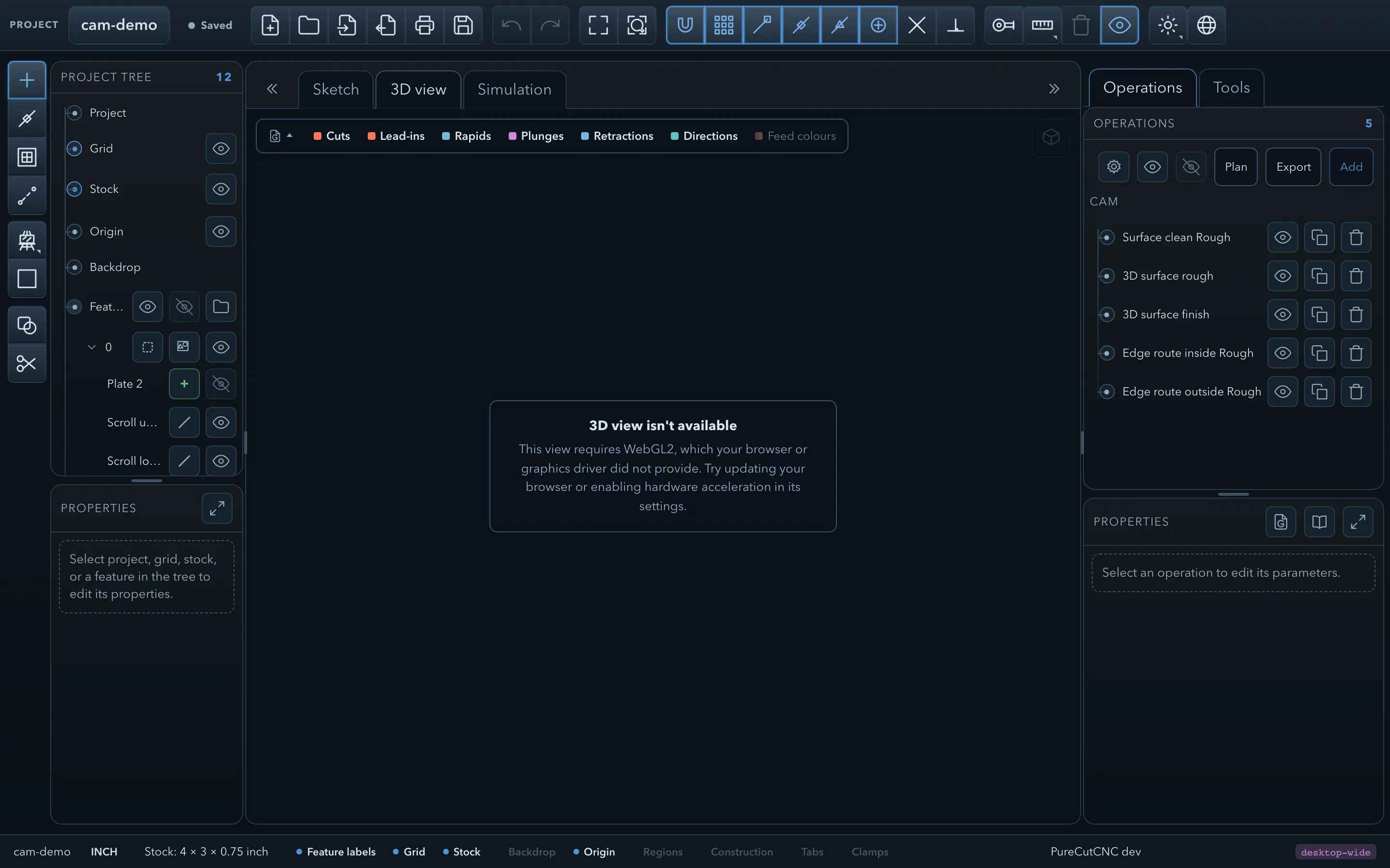 The 3D tab showing “3D view isn’t available — this view requires WebGL2, which your browser or graphics driver did not provide”, with the project tree, properties, and CAM panel still working around it