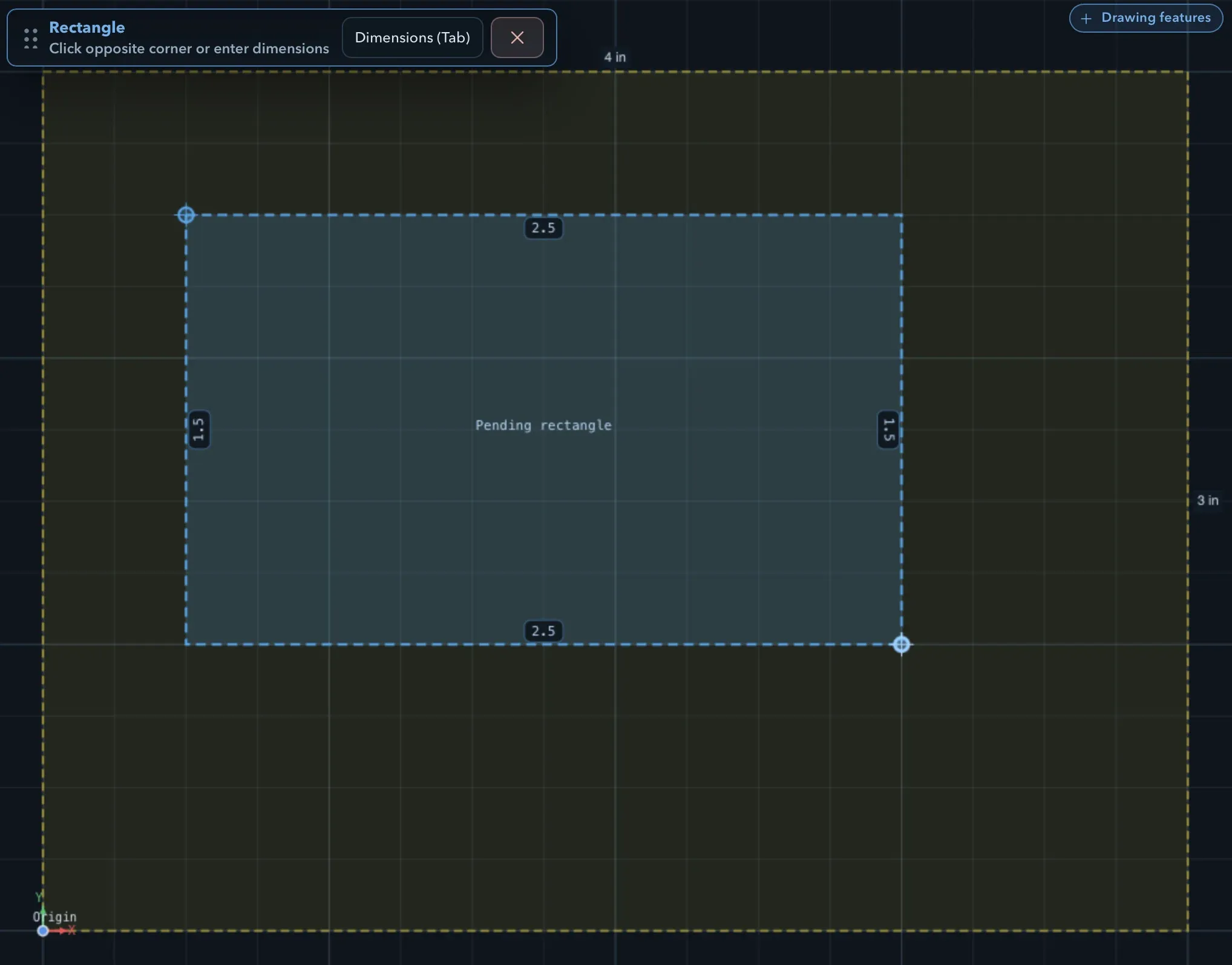 Rectangle creation in progress with its floating workflow panel showing Dimensions (Tab) and Cancel buttons, and a pending rectangle on the canvas with live dimension readouts