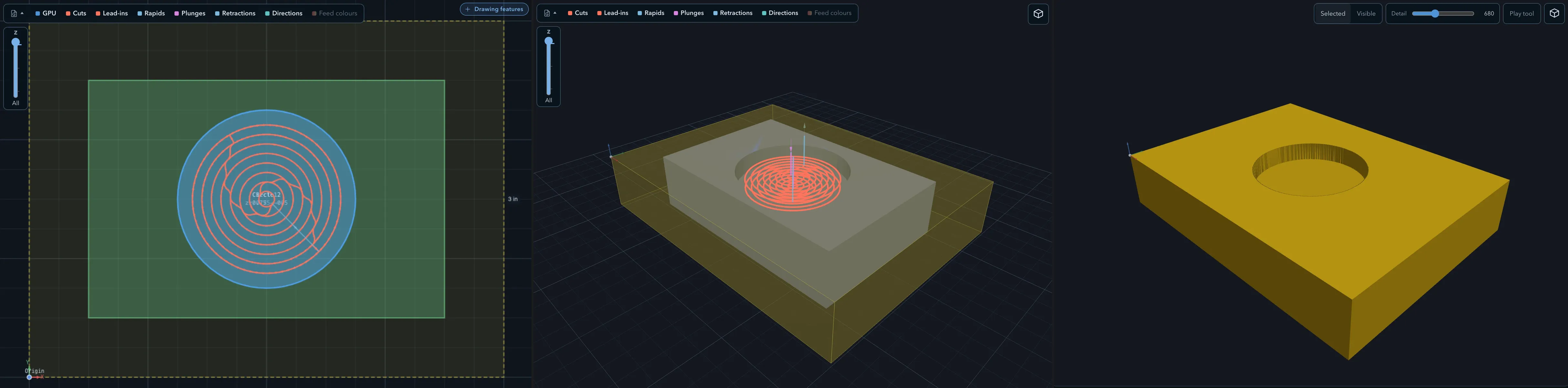 The same project shown side by side in Sketch, 3D view, and Simulation
