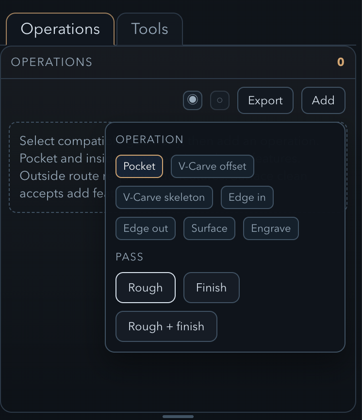 Operations panel showing the Pocket Rough operation assigned to the circle with the 1/4″ end mill selected