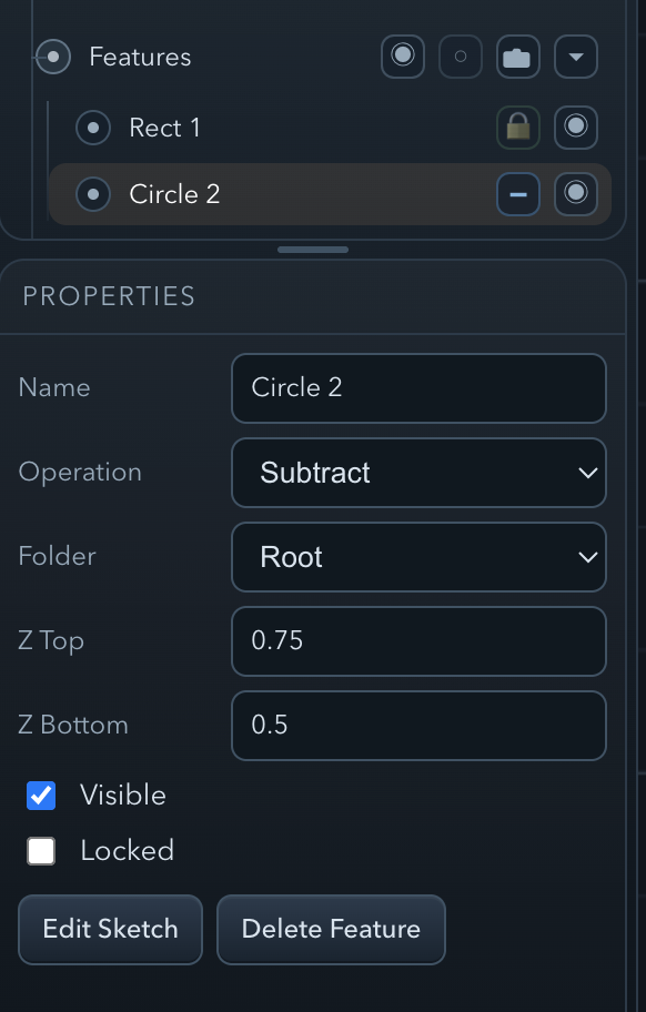 Circle properties panel with Bottom Z set to 0.5