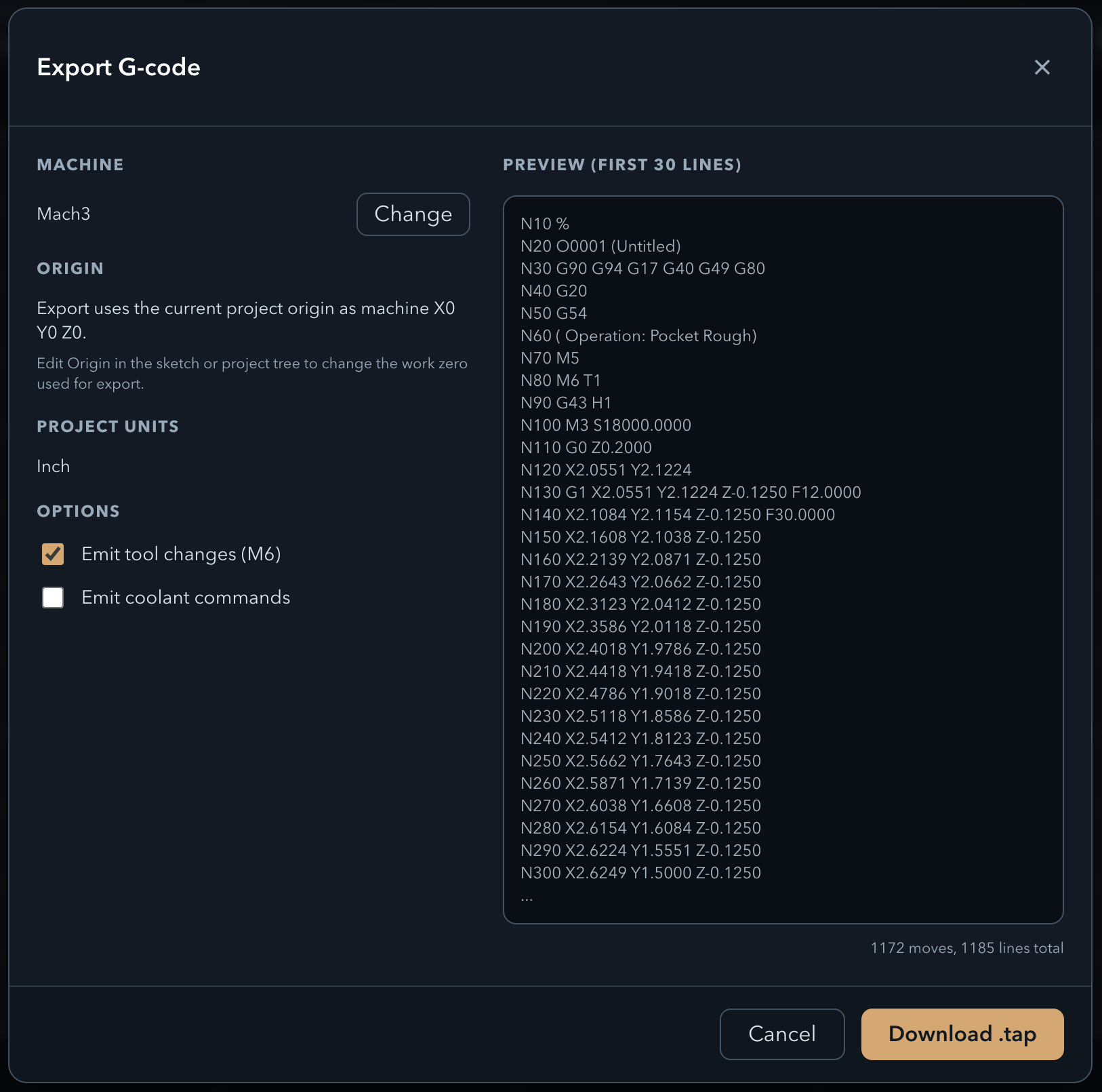 Project properties panel with Machine set to Mach3 and the Export G-code button visible
