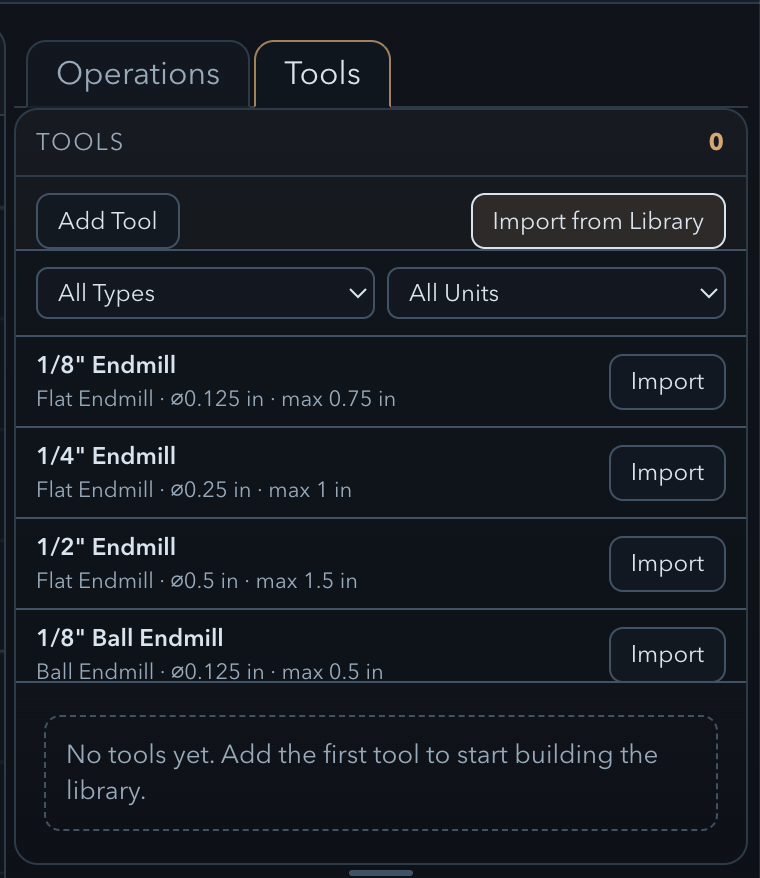 Tool library dialog with the 1/4″ end mill highlighted