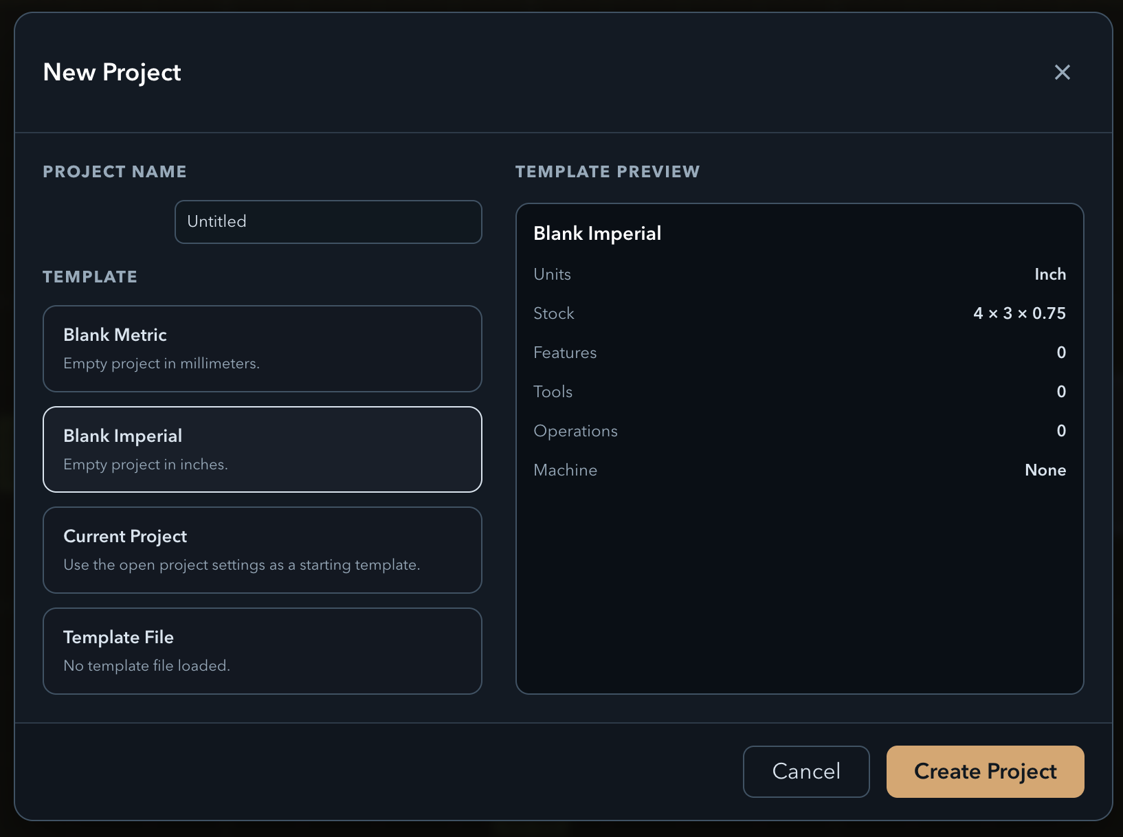New Project dialog with Blank Imperial template selected
